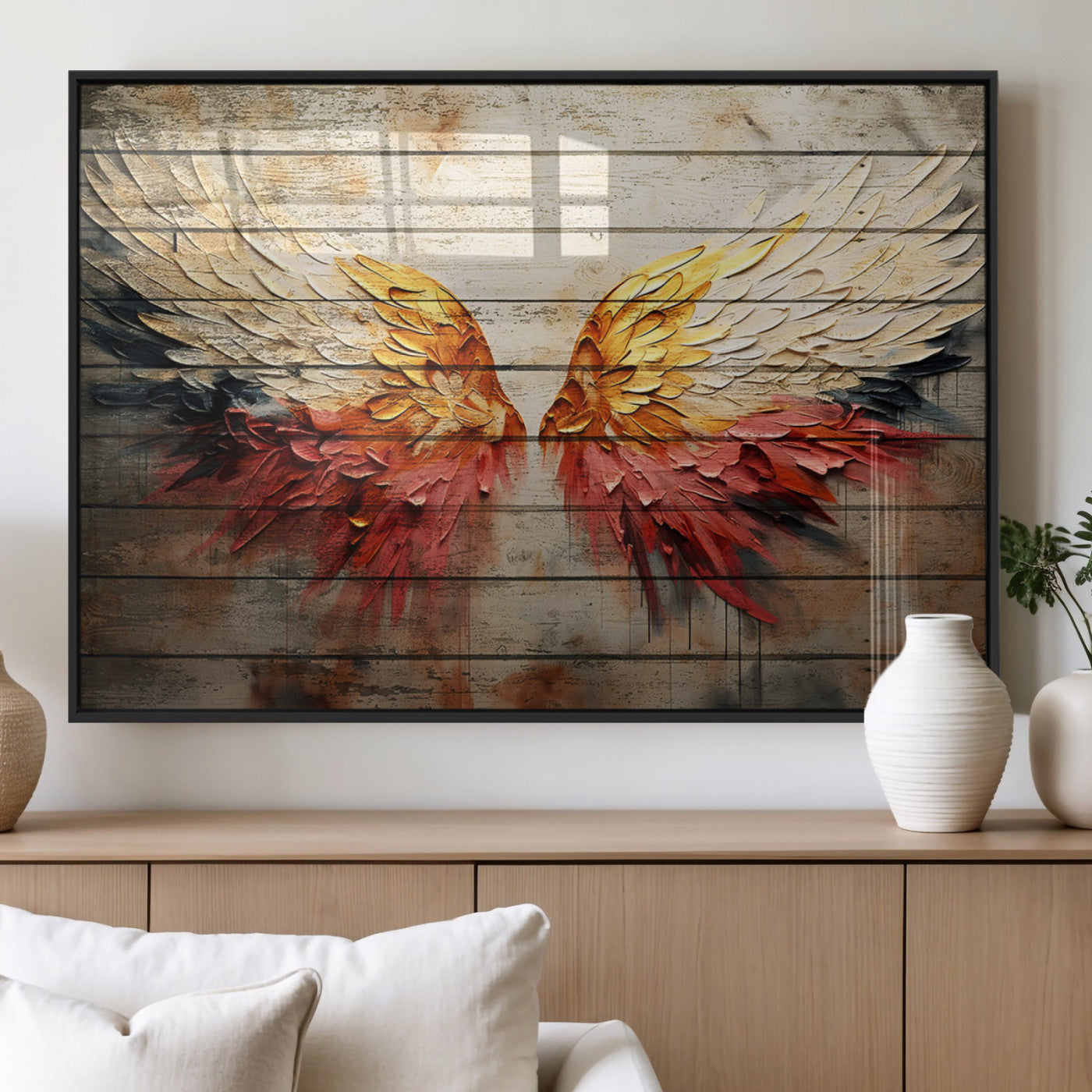 19244-MGV-FP-36X24-3P_Black-Abstract Angel Wings Canvas Wall Art – Framed and Ready to Hang Modern Angelic Wings Decor for