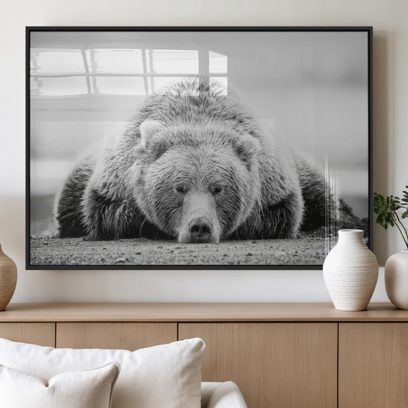 72905-MGV-FP-36X24-3P_Black-Resting Grizzly Bear Wall Art Canvas Print – Majestic Lazy Black and White Wildlife Bear Art,