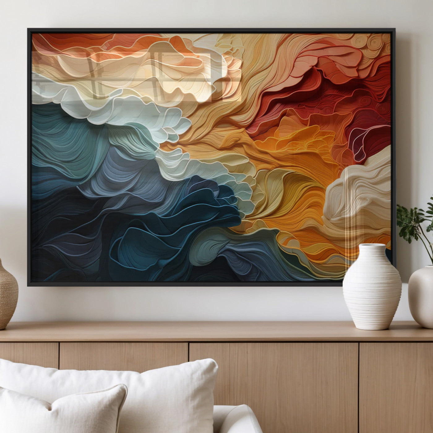 31634-MGV-FP-36X24-3P_Black-Blue Orange Abstract Wave Wall Art Canvas Print, Framed Blue Orange Wave Wall Art