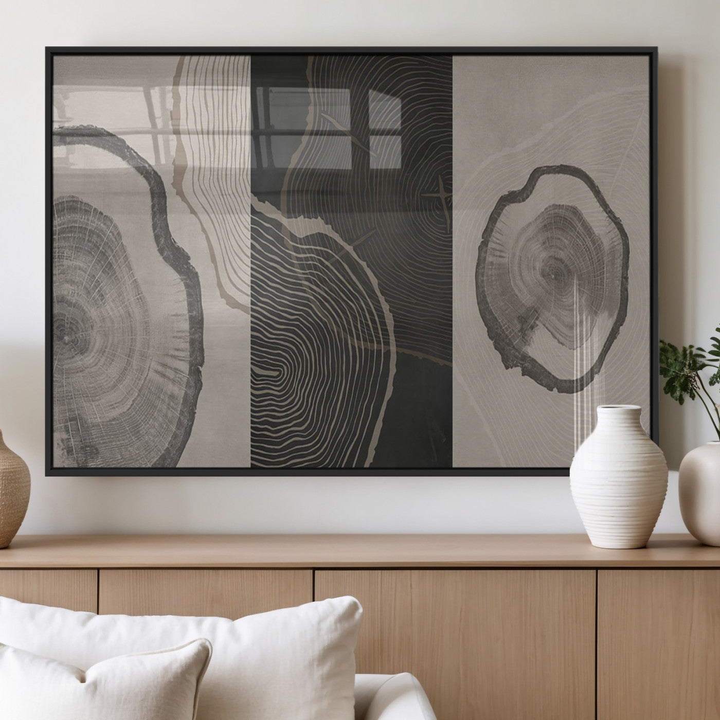 25407-MGV-FP-36X24-3P_Black-Modern Abstract Tree Ring Canvas Art Set | 3 Panel Large Tree Ring Design for Living Room, Office,