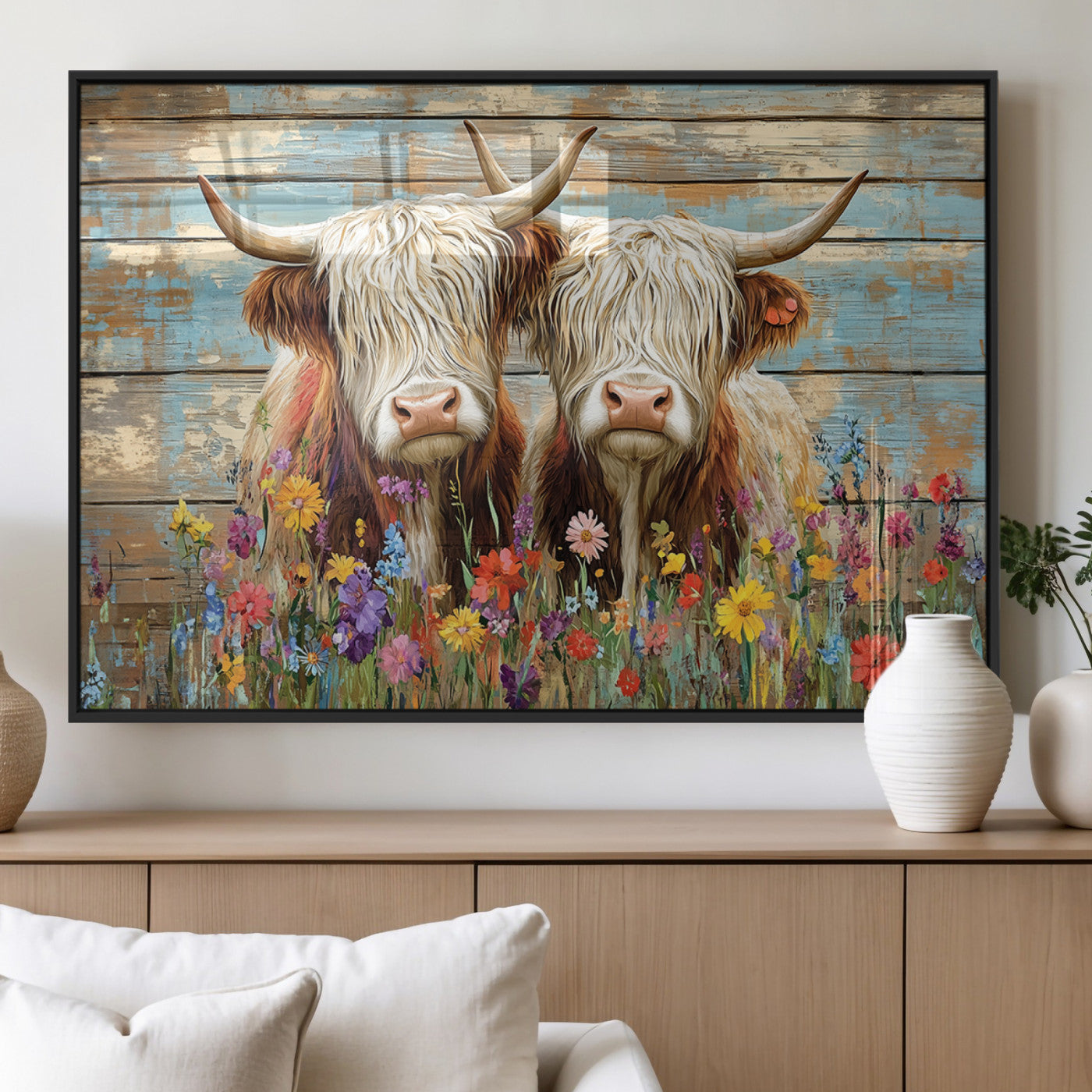 36972-MGV-FP-36X24-3P_Black-Cute Highland Cow Canvas Wall Art - Rustic Farmhouse Decor with Colorful Flowers Perfect Wall Art