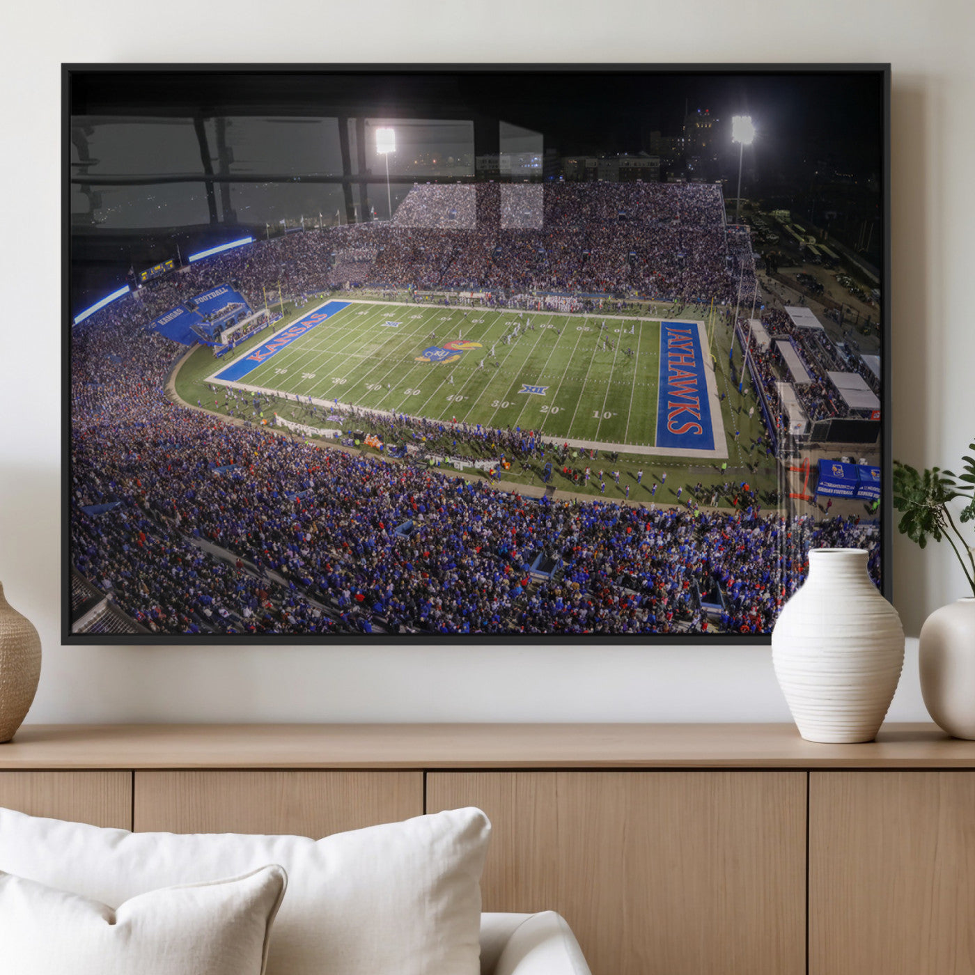 69760-MGV-FP-36X24-3P_Black-University of Kansas Jayhawks Football Team Print - Lawrence Kansas Memorial Stadium Wall Art Canvas
