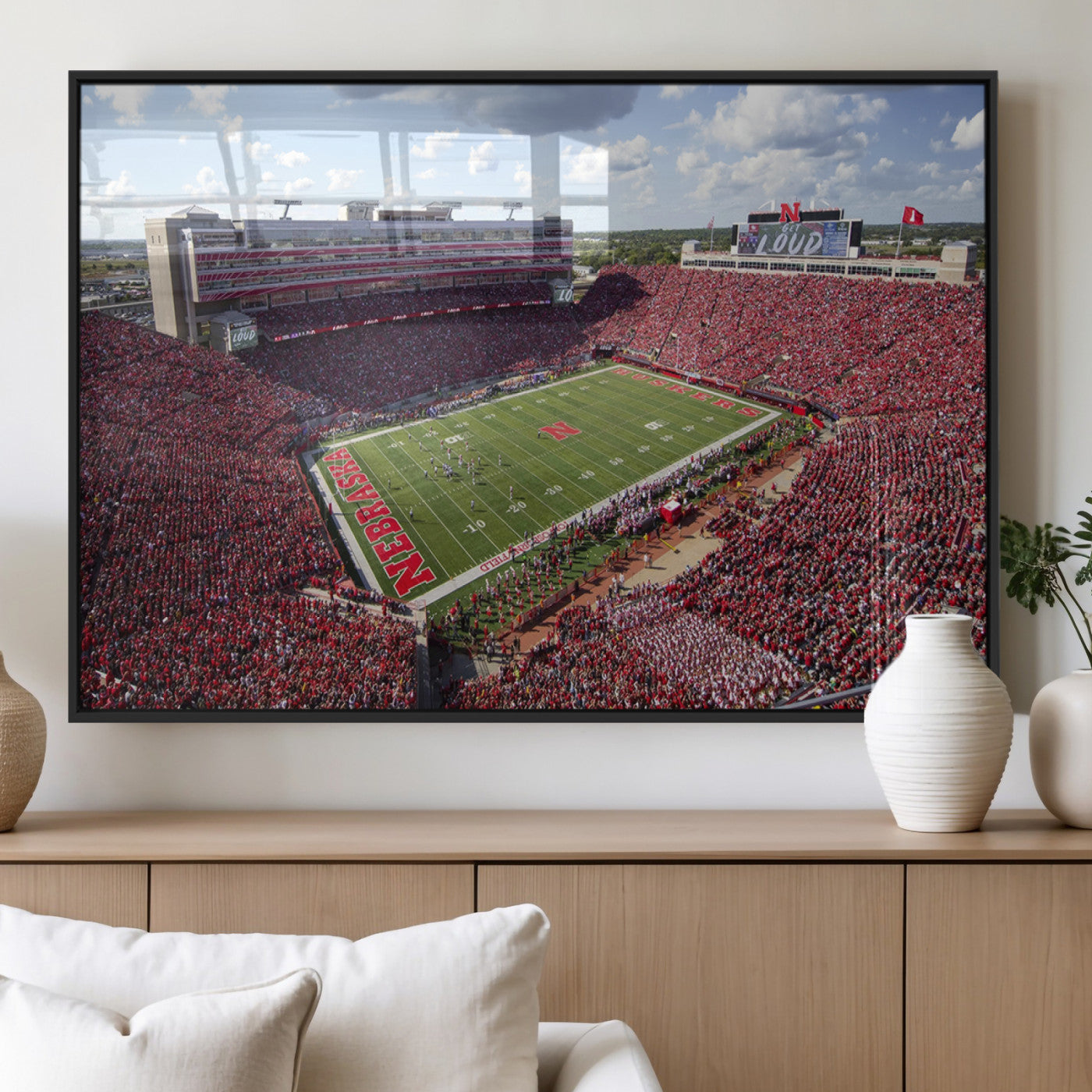 84975-MGV-FP-36X24-3P_Black-University of Nebraska Cornhuskers Football Team Print - Lincoln Memorial Stadium Wall Art Canvas