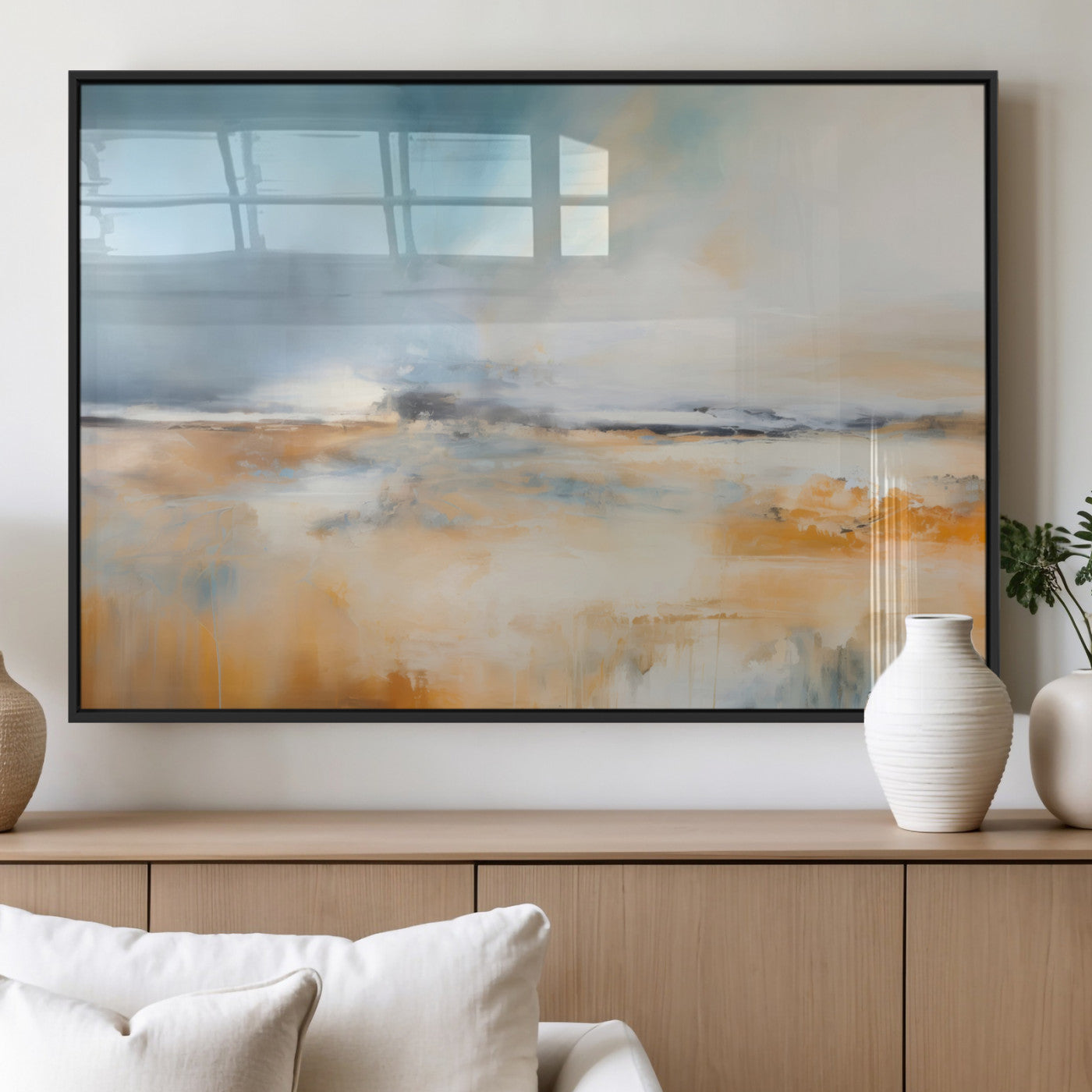 guzelmis-sharpen-MGV-FP-36X24-3P_Black-Abstract Landscape Wall Art Canvas Print - Warm Tones of Orange and Blue, Modern Framed Art for Home