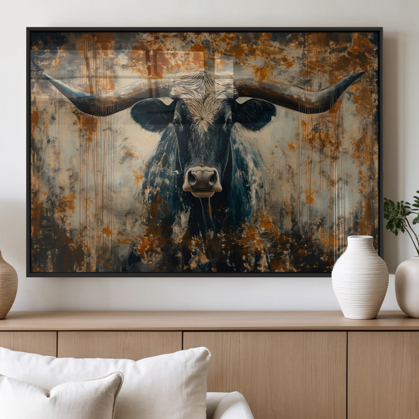 85913-MGV-FP-36X24-3P_Black-Longhorn Wall Art – Rustic Western Bull Canvas Print, Modern Farmhouse Animal Decor for Living Room, Office, or Ranch House