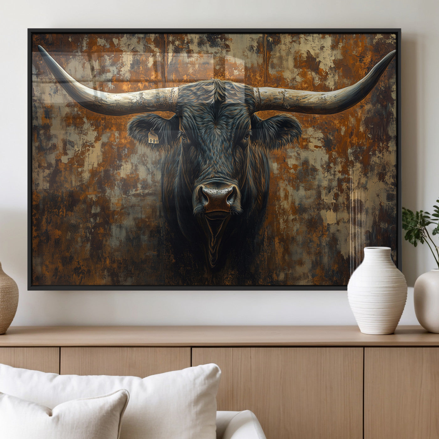 68068-MGV-FP-36X24-3P_Black-Longhorn Texas Cow Bull Wall Art | Rustic Farmhouse Canvas Print | Ready to Hang Barn Decor for