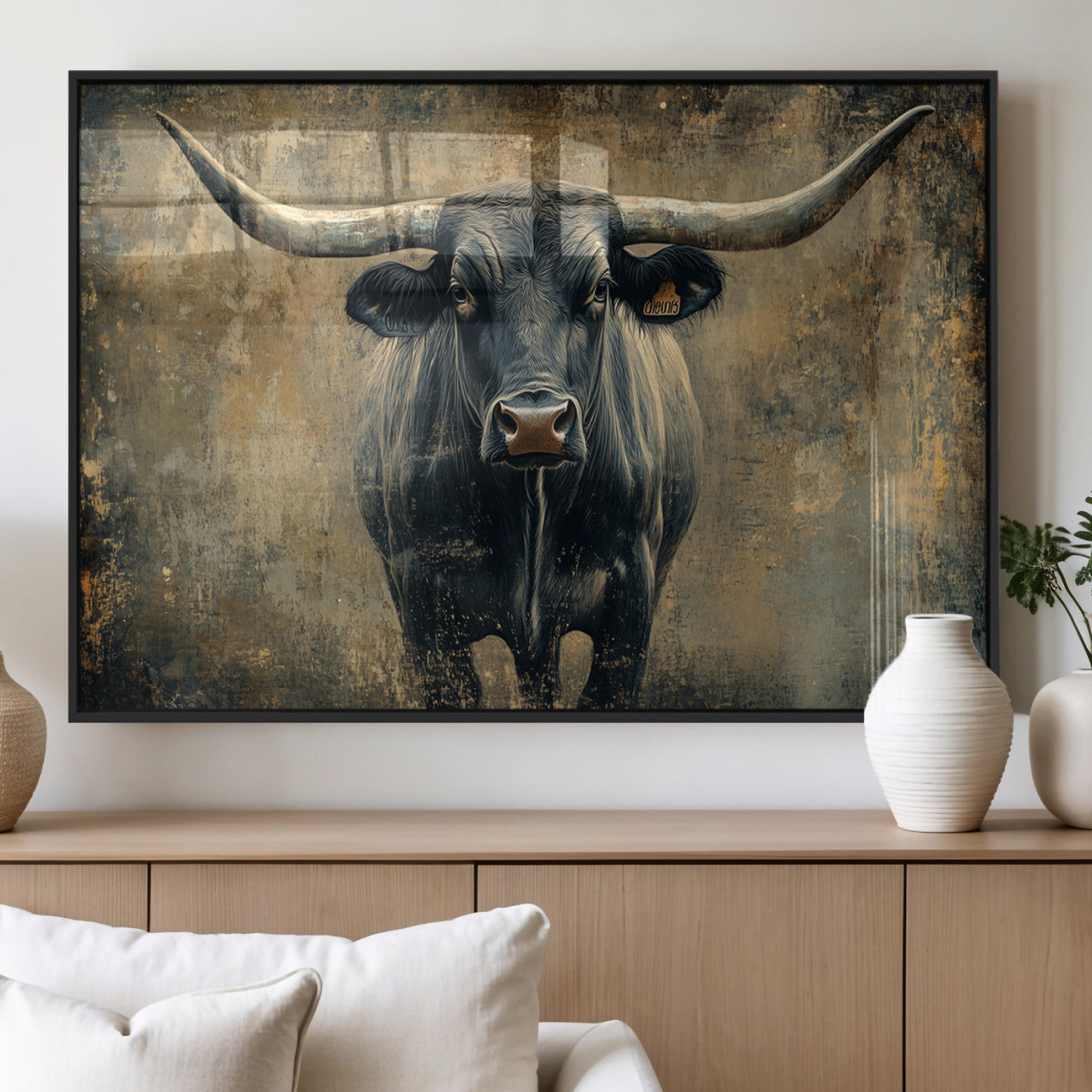 57385-MGV-FP-36X24-3P_Black-Texas Longhorn Bull Wall Art – Framed Rustic Cow Canvas Print, Western Farmhouse Decor Artwork for Living Room or Office