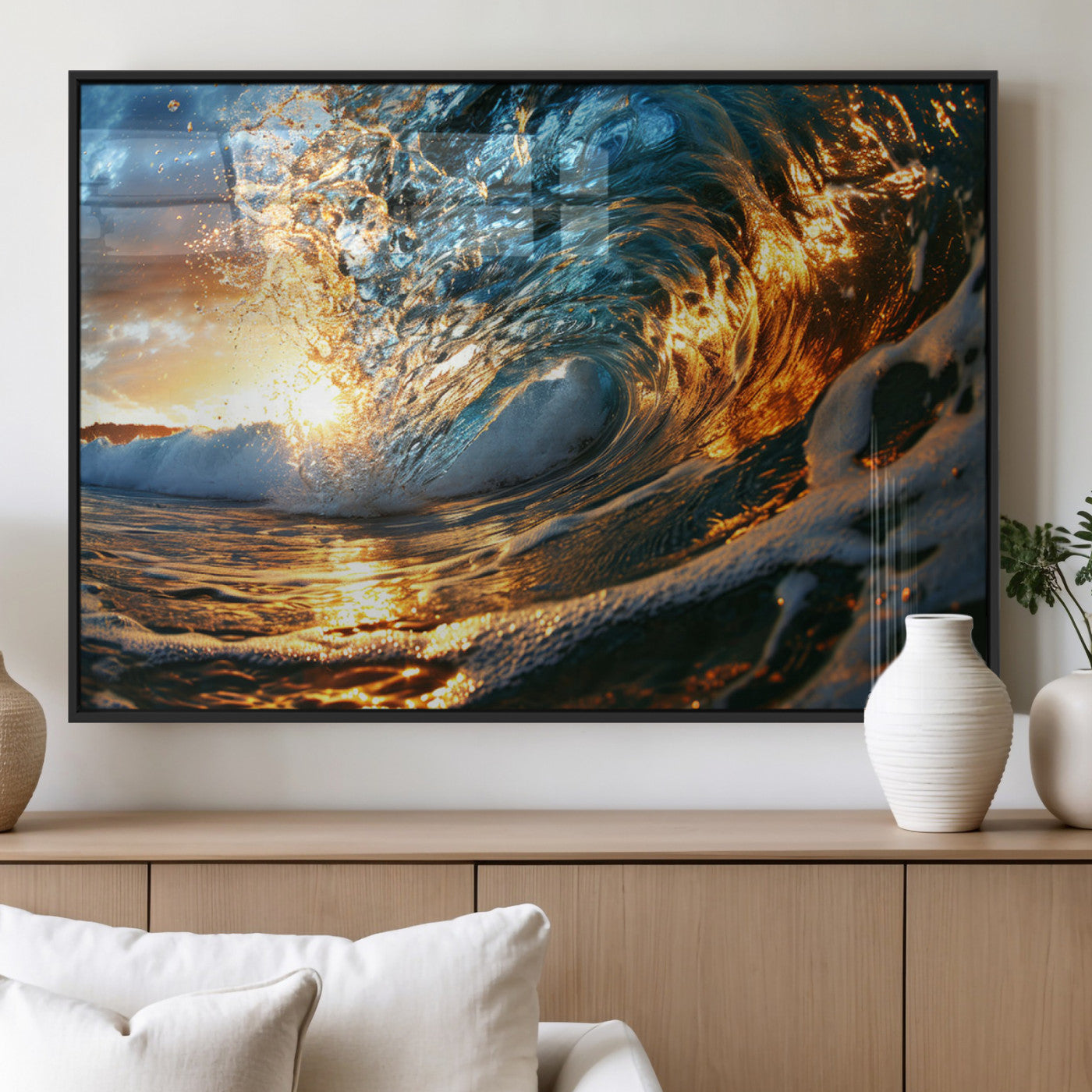 41370-MGV-FP-36X24-3P_Black-Ocean Wave at Sunset Canvas Wall Art – Vibrant Coastal Beach Waves Print, Large Nautical Decor,