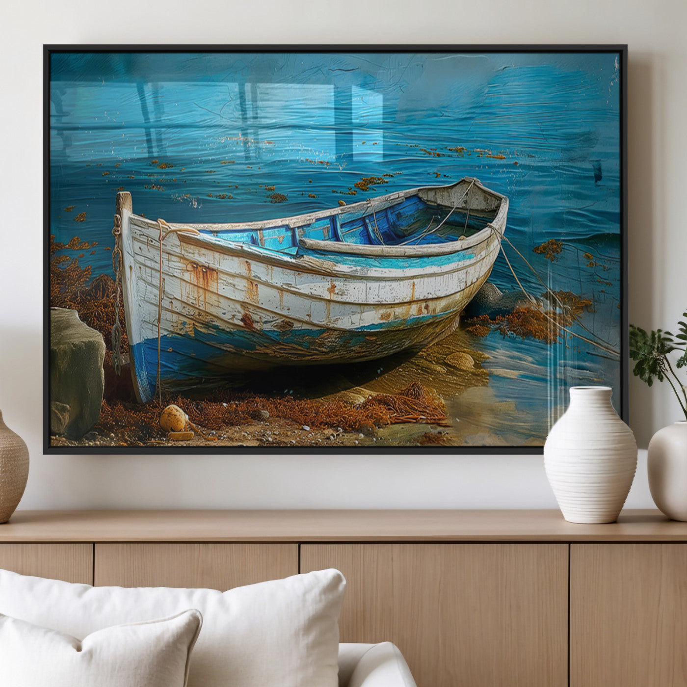 54716-MGV-FP-36X24-3P_Black-Vintage Boat on Tranquil Waters | Coastal Wall Art for Nautical Decor | Rustic Triptych Canvas Print