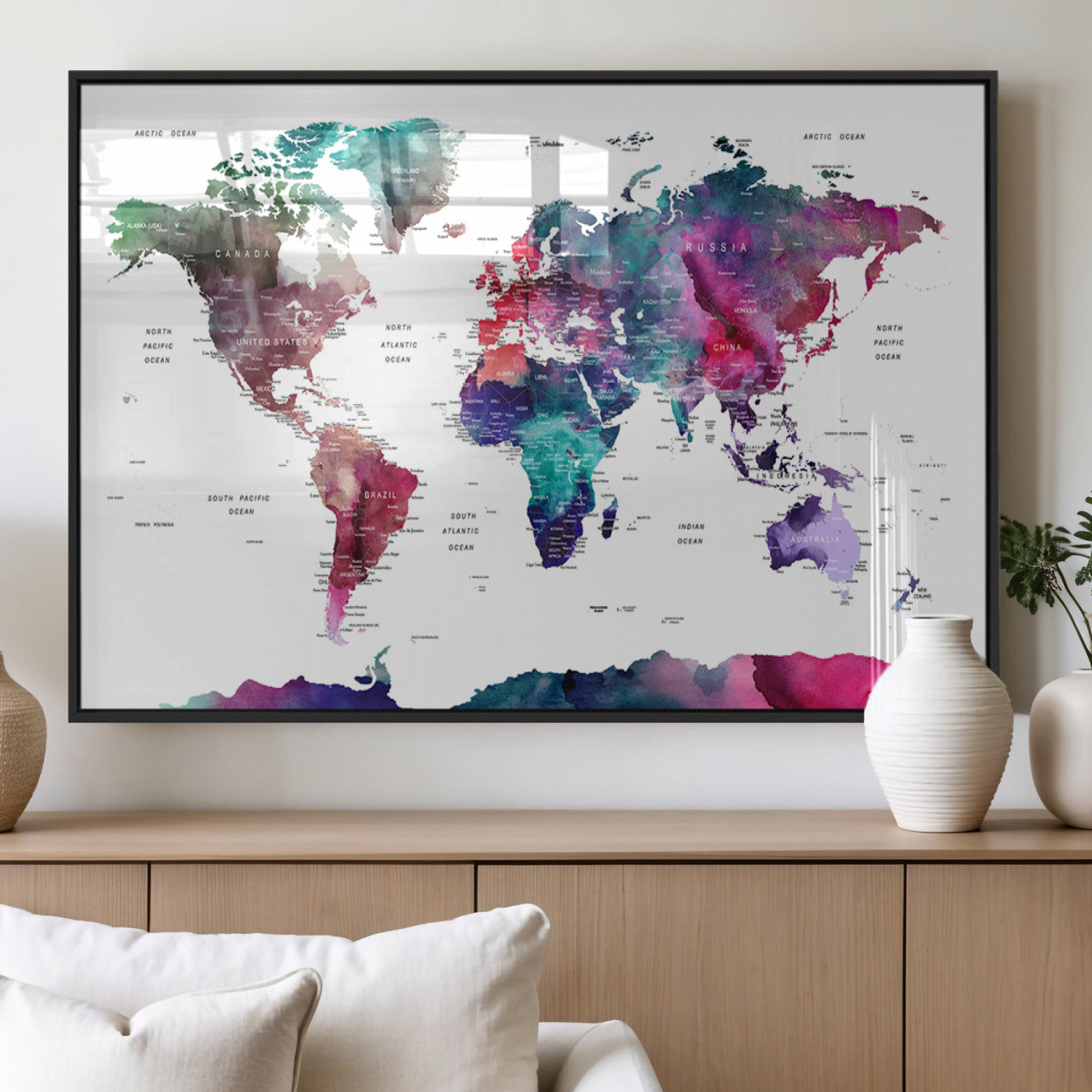 78176-MGV-FP-36X24-3P_Black-Colorful Watercolor World Map Canvas Wall Art – Framed Modern Map Print, Vibrant Travel Inspired Artwork for Home and Office Decor