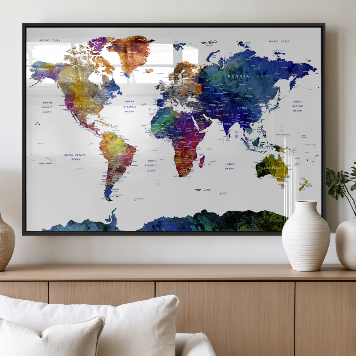 90446-MGV-FP-36X24-3P_Black-Colorful Watercolor World Map Canvas Wall Art – Framed Modern Push Pin Travel Map for Home and Office Decor