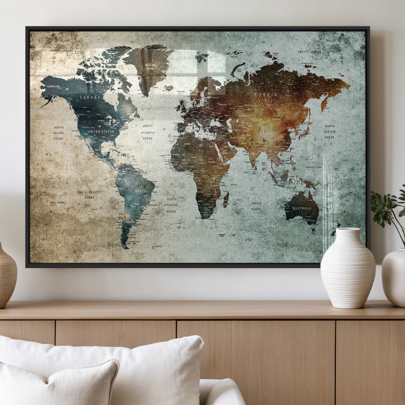 25140-MGV-FP-36X24-3P_Black-World Map Canvas Print – Framed Vintage Style Push Pin Wall Art, Elegant Travel Map Decor for Home or Office