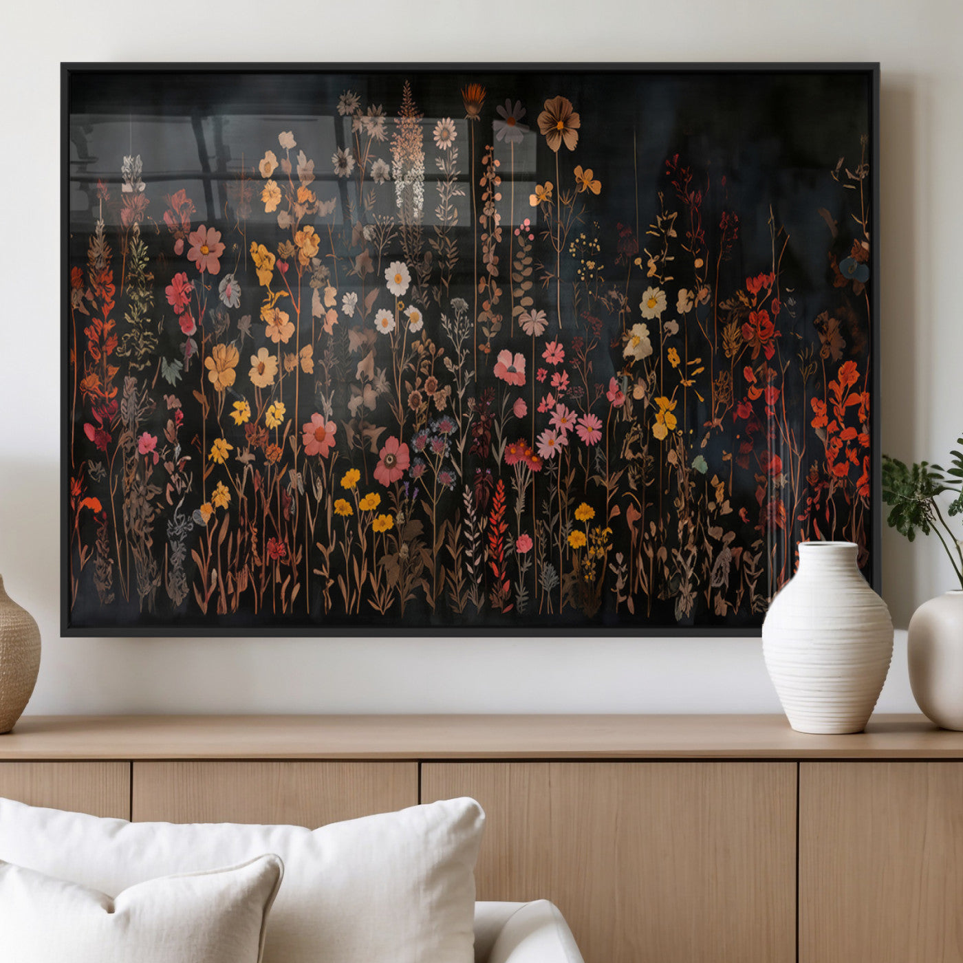 AbstFLF-MGV-FP-36X24-3P_Black-Large Floral Painting Print Illustration Flowers Canvas Wall Art Botanical Wall Decor Modern