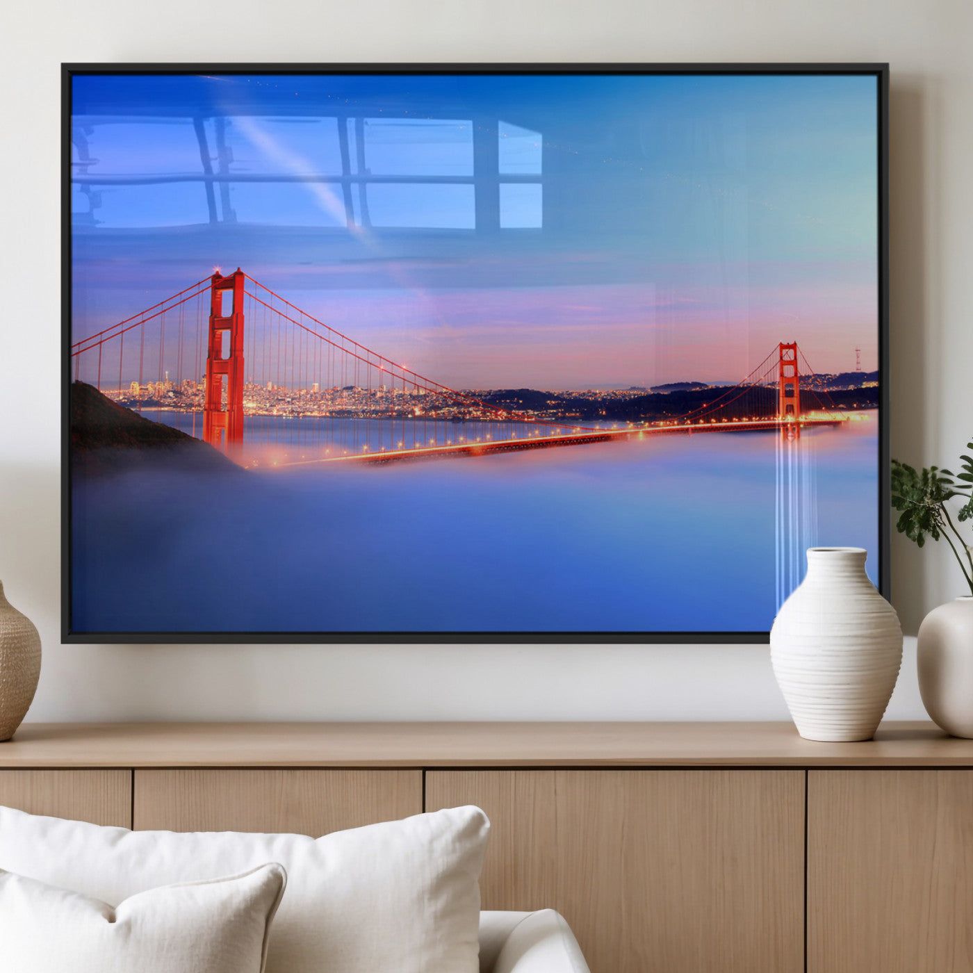 MGV-FP-36X24-3P - Golden Gate Bridge Wall Art Print, San Francisco Sunset Canvas Wall Art, Cityscape Canvas Print for