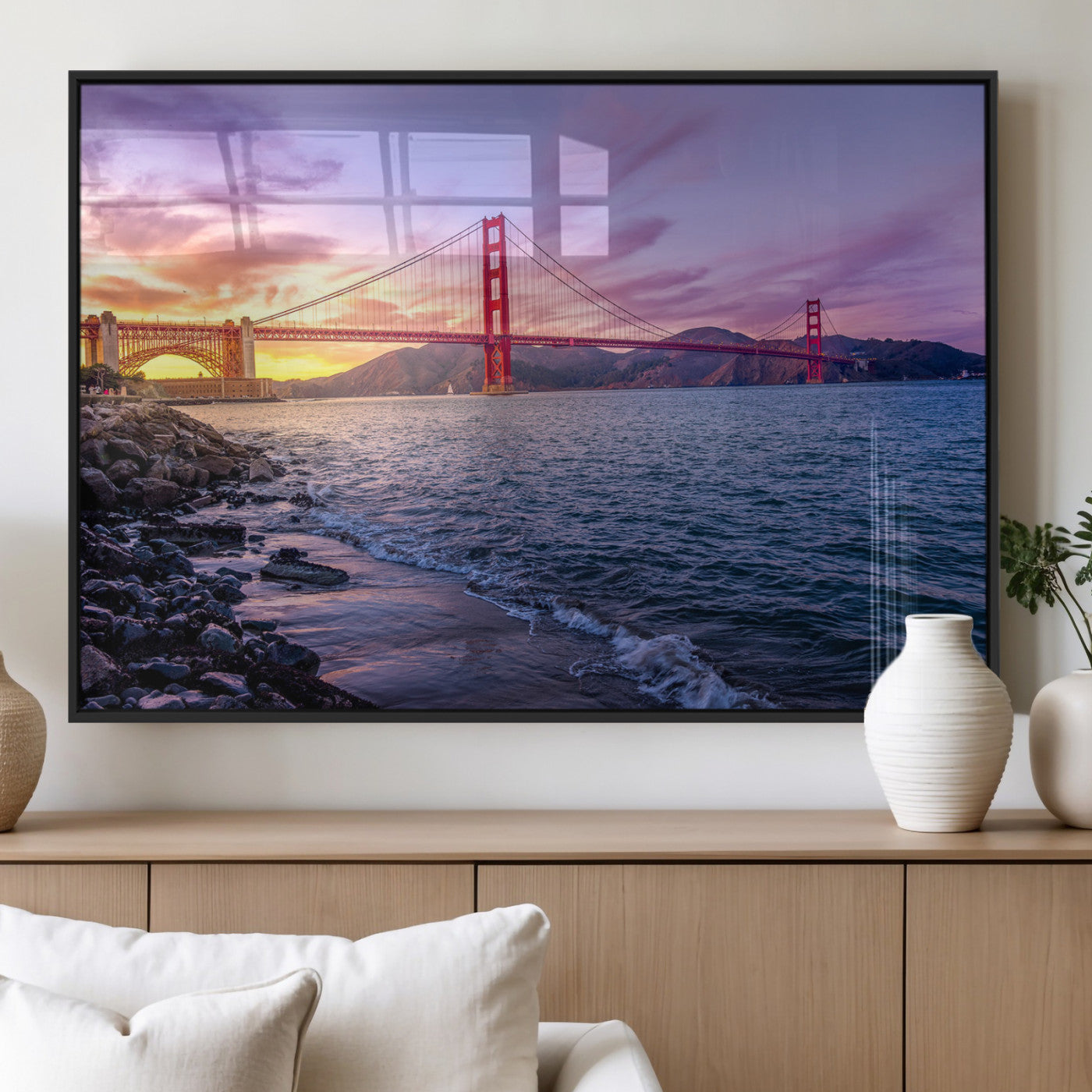 24256-MGV-FP-36X24-3P_Black-Golden Gate Bridge Wall Art Canvas Print – Framed San Francisco Sunset Scene with Cityscape Artwork for Home, Office