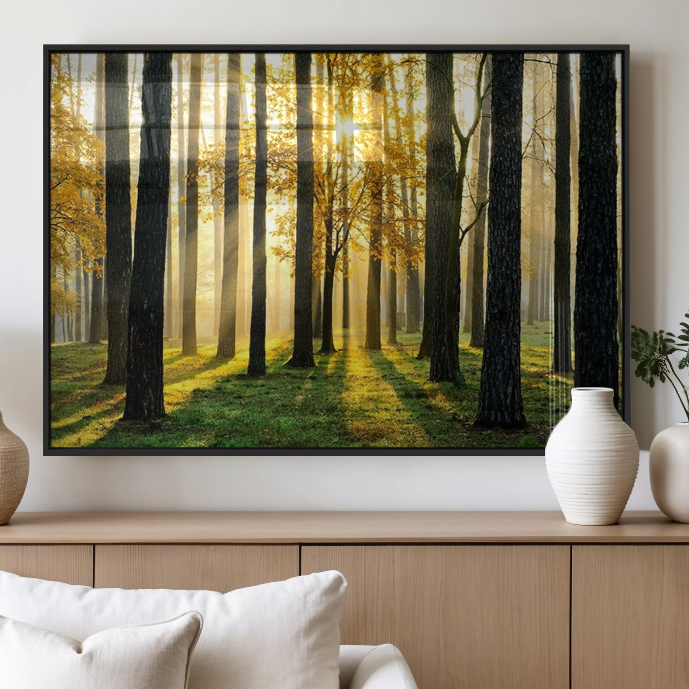 60024-MGV-FP-36X24-3P_Black-Sunlit Forest Wall Art Canvas Print – Large Framed Woodland Landscape Artwork for Home, Office, Living Room