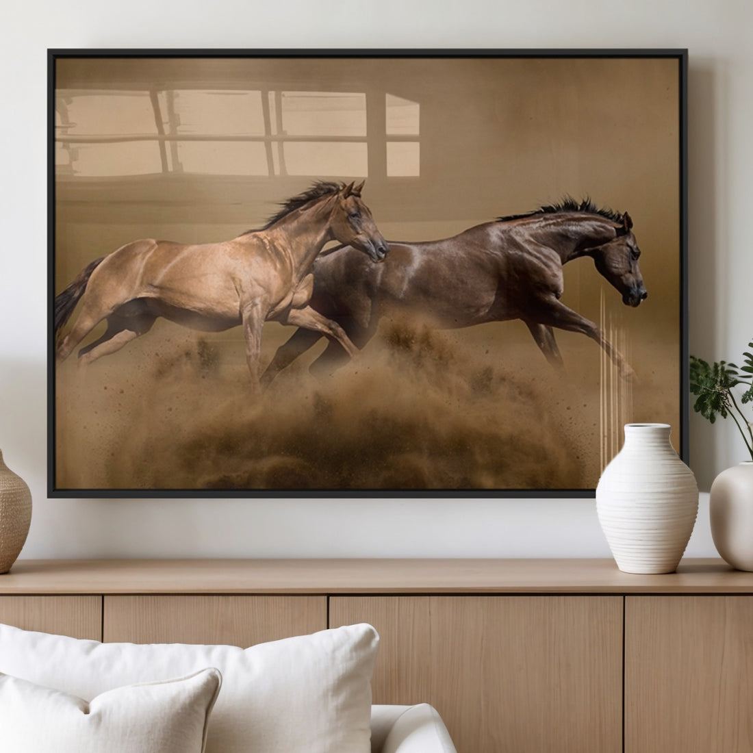 Large Wall Art Canvas Print, Two Running Brown Horses