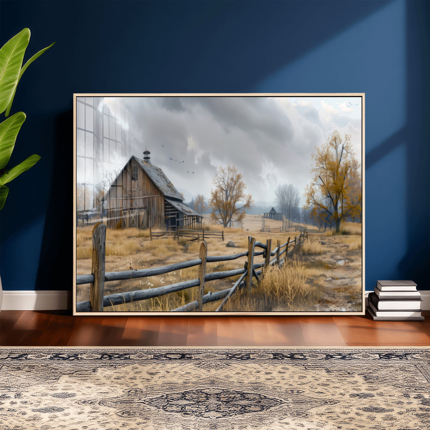 Farm1-MGV-CV-36X24 - Rustic Autumn Farmhouse Wall Art Canvas Print – Serene Countryside Scene with Weathered Barn and