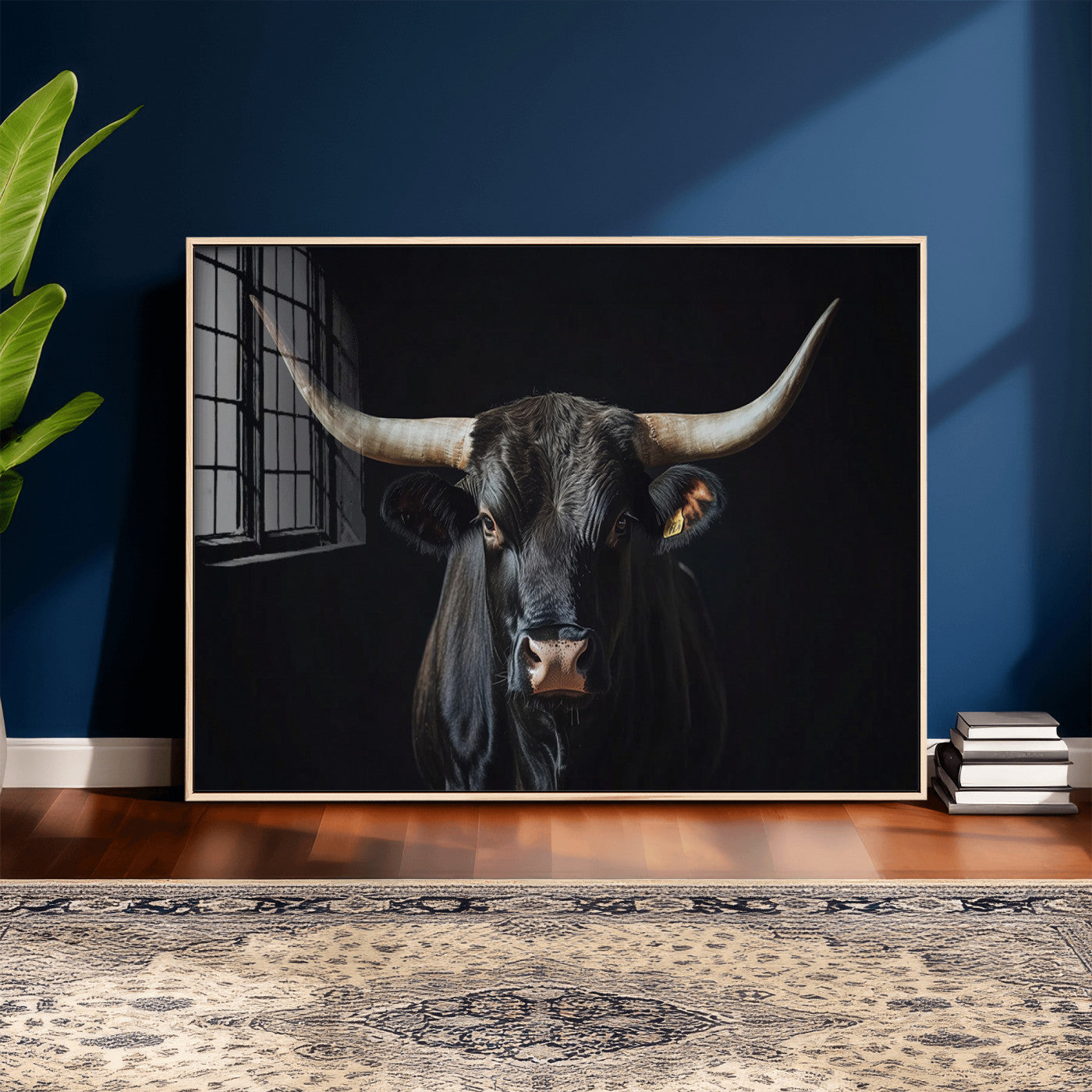 48065167-MGV-CV-36X24 - Texas Longhorn Bull Wall Art Canvas Print – Western Black Bull Art Print for Farmhouse Ranch Decor