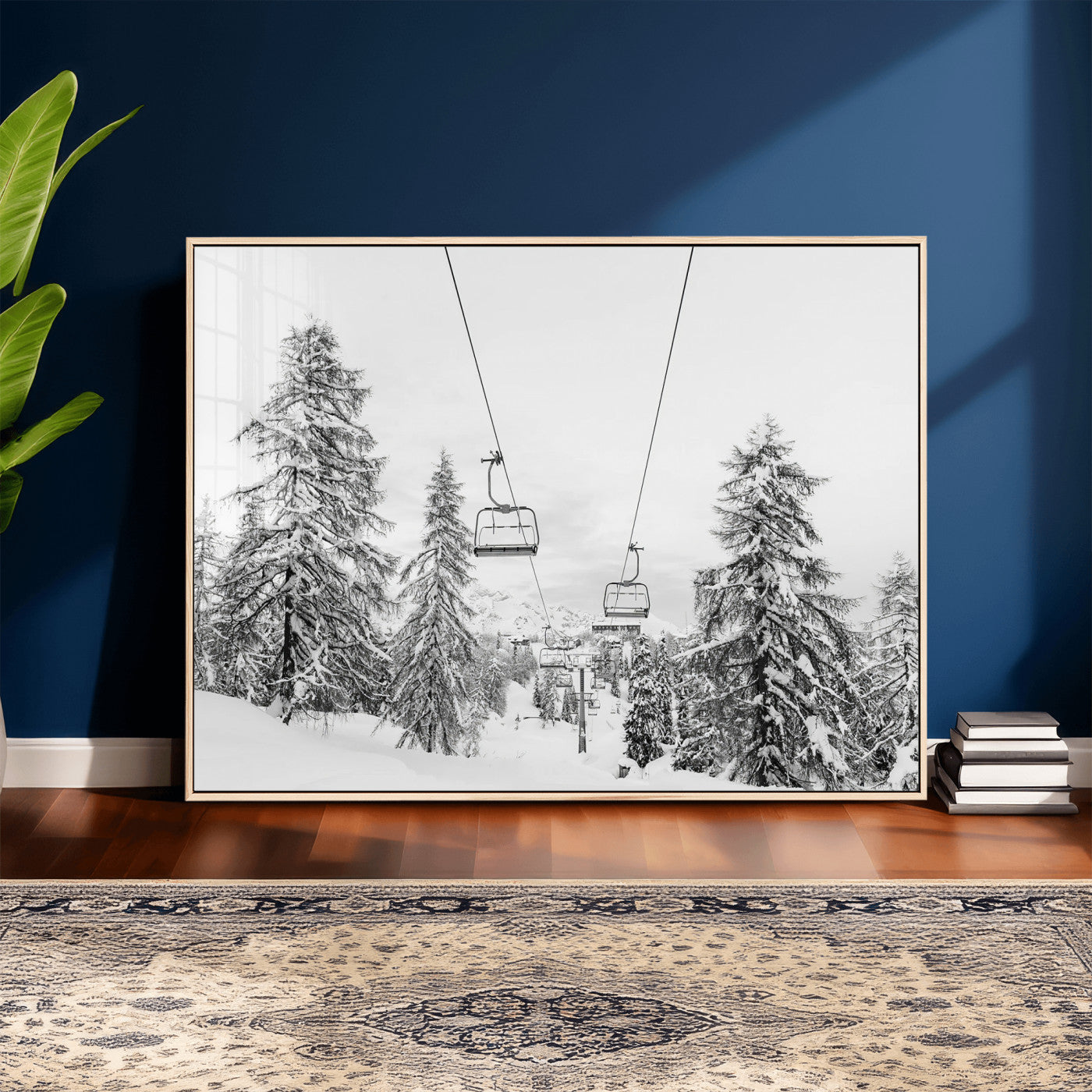 55003599-MGV-CV-36X24 - Snowy Ski Lift Wall Art – Framed Winter Forest Canvas Artwork, Peaceful Mountain Design, Modern Nature Decor for Home, Office