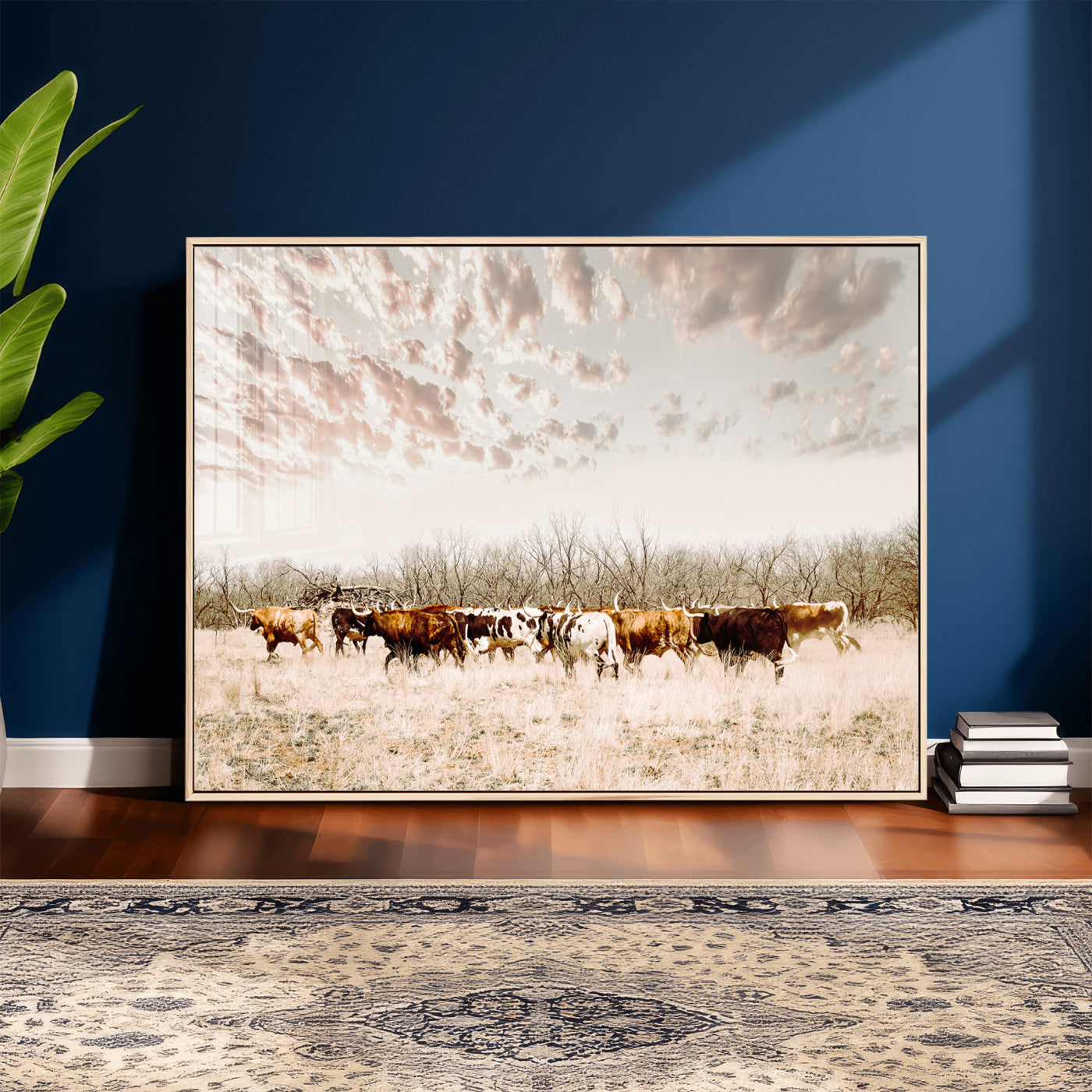 64892775-MGV-CV-36X24 - Longhorn Cattle Wall Art Canvas Print, Framed Texas Ranch Art Picture Print, Western Cow Perfect Western Decor Artwork