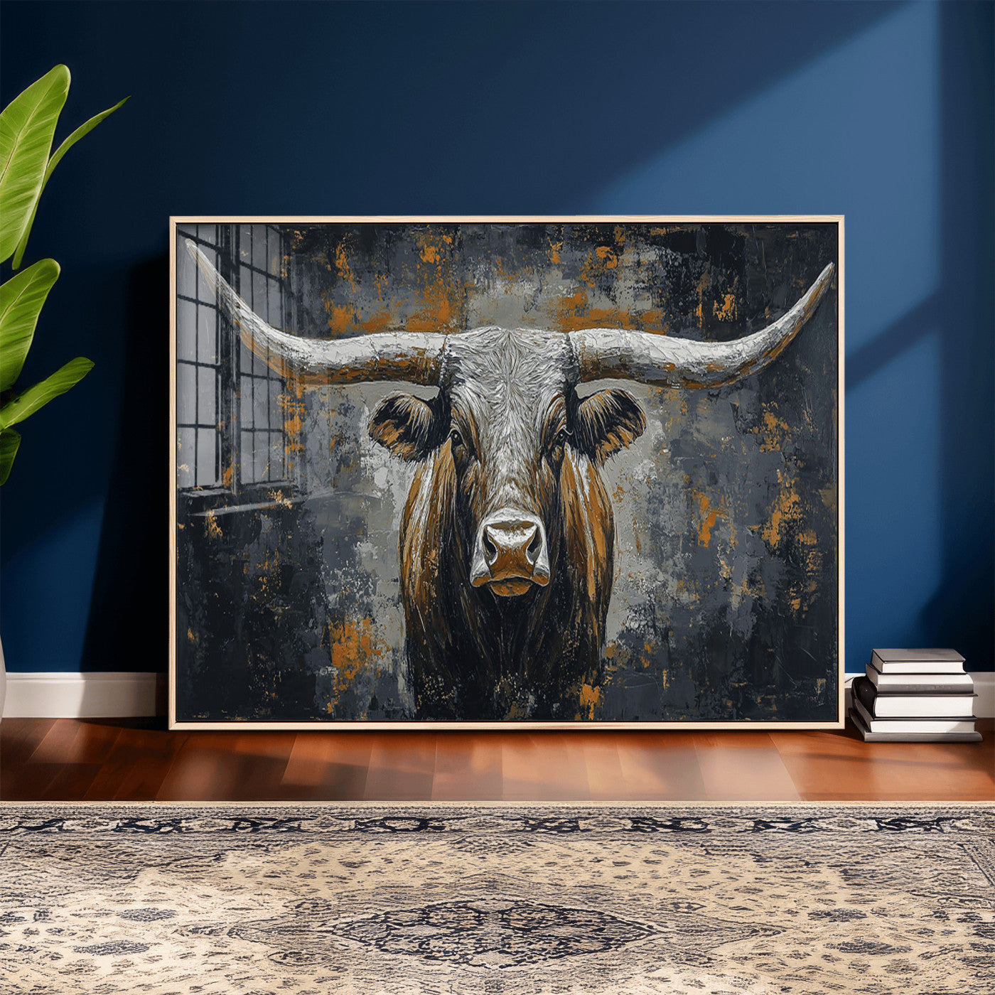 73972561-MGV-CV-36X24 - Bold Bull Wall Art Canvas – Striking Portrait with Wide Horns and Rich Brown Hues, Rustic Farmhouse and Western Decor for Home Room
