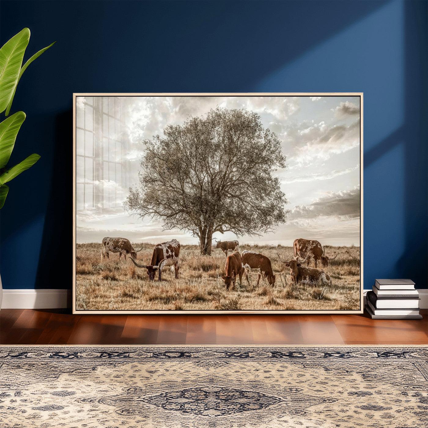 87590224-MGV-CV-36X24 - Texas Longhorn Cattle Wall Art Canvas Print – Rustic Western Ranch Scene with Steers at Sunset, Perfect for Farmhouse or Cowboy Decor