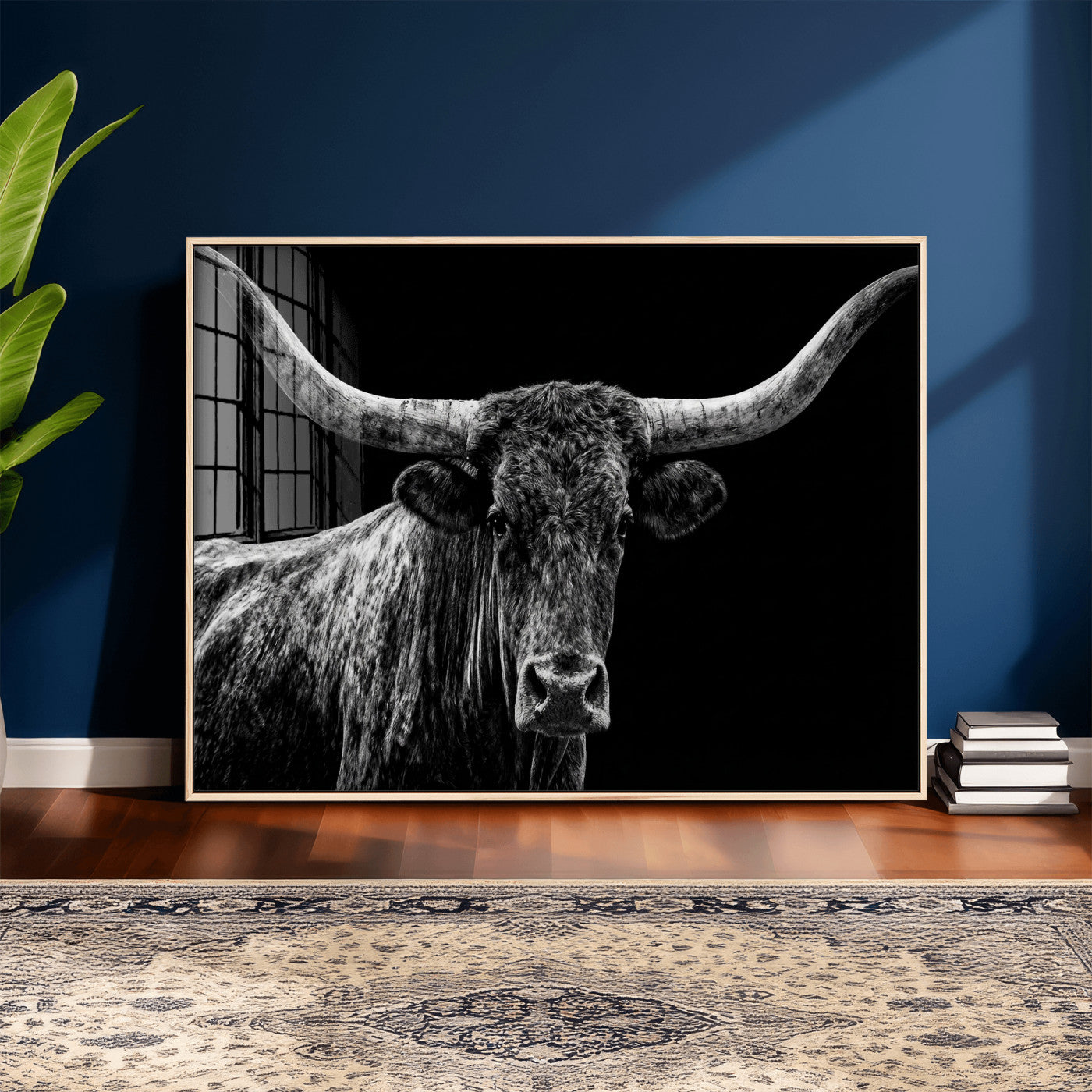 86568508-MGV-CV-36X24 - Vintage Texas Longhorn Bull Wall Art Canvas Print, Texas Cow Portrait Print, Framed Bull Wall Art Ready to Hang
