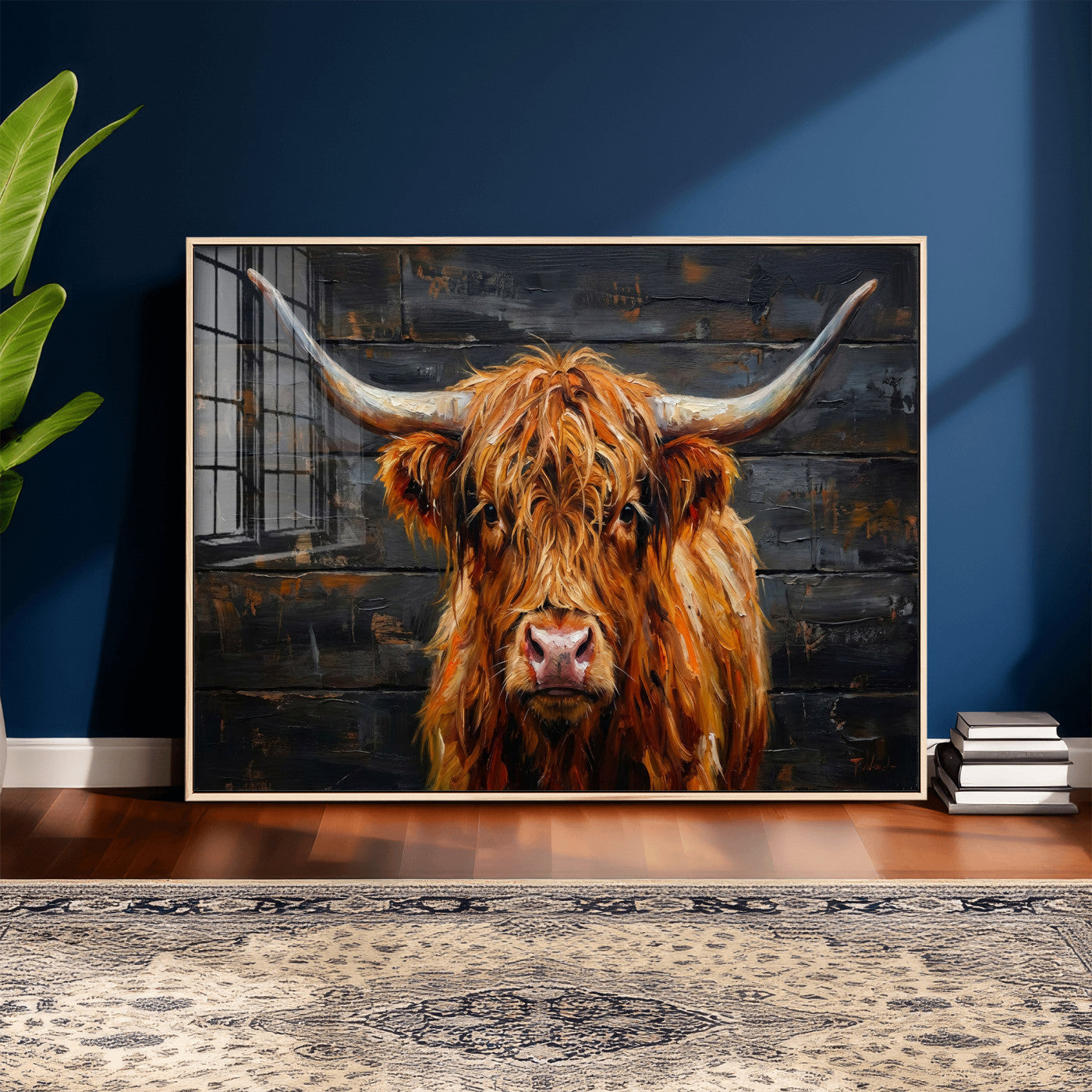 32536611-MGV-CV-36X24 - Highland Cow Wall Art Canvas Print, Rustic Farm Animal Painting, Framed Wall Art Ready to Hang