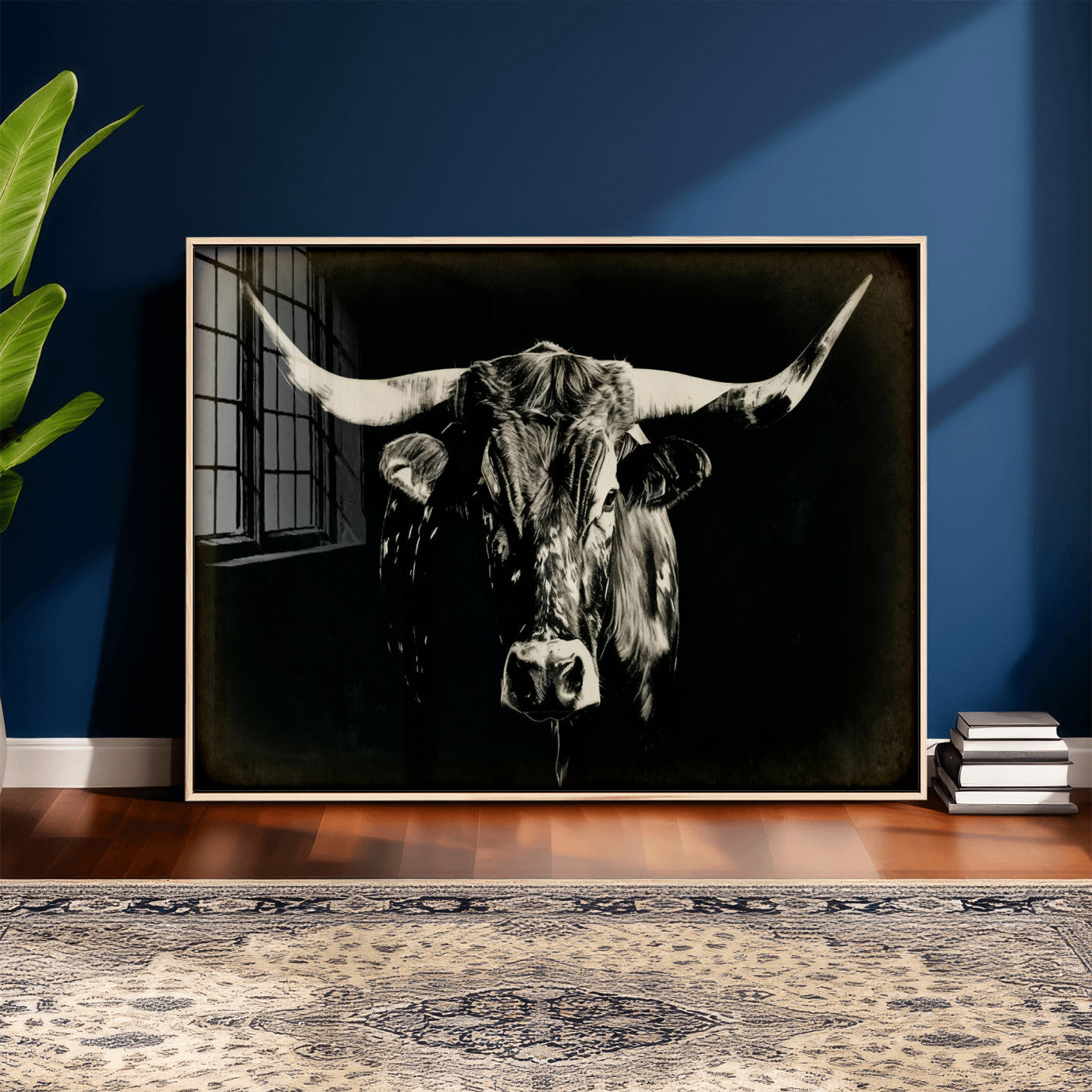 91364114-MGV-CV-36X24 - Black Bull Wall Art Canvas Print, Texas Longhorn Portrait Print, Framed Wall Art Ready to Hang