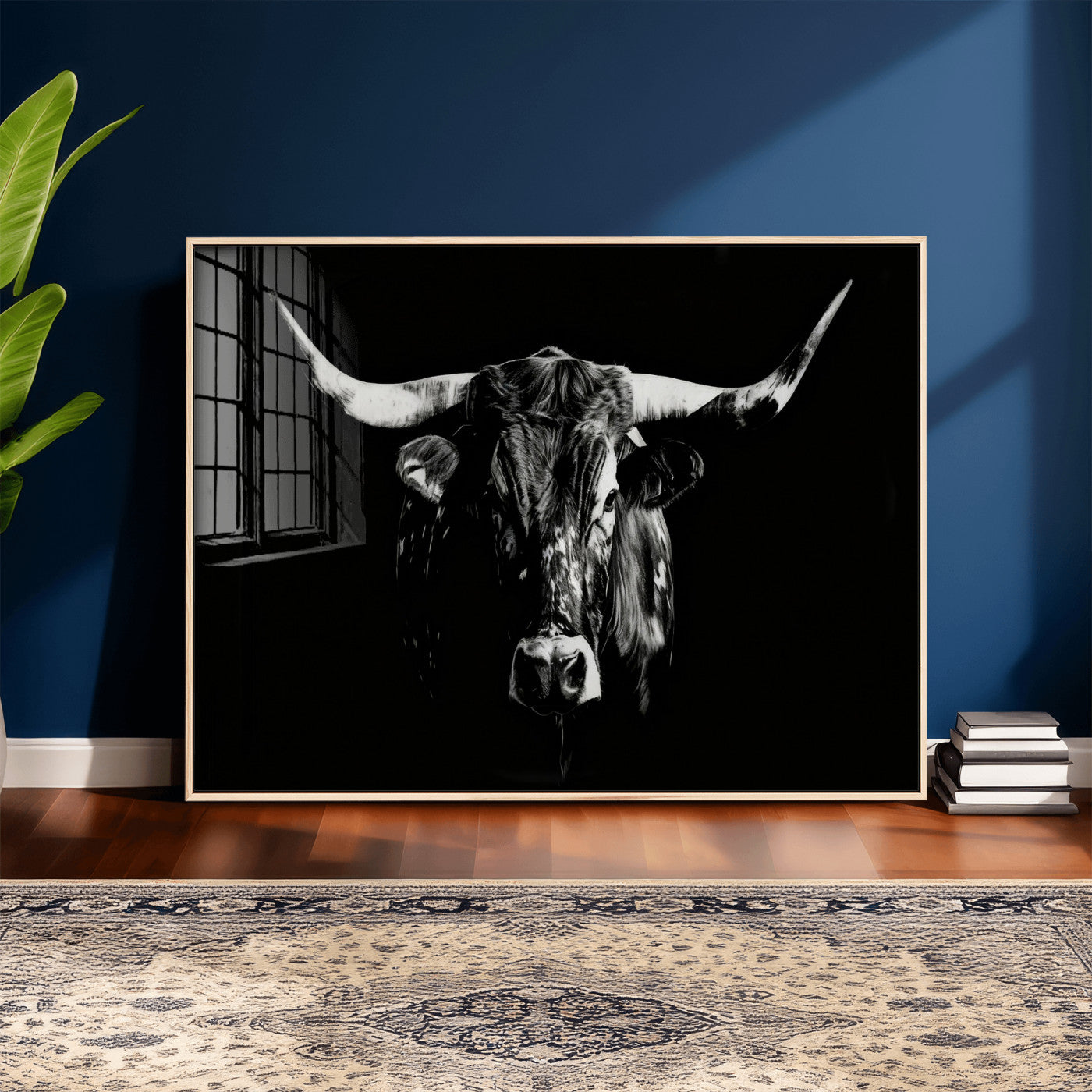21436434-MGV-CV-36X24 - Black Bull Wall Art Canvas Print, Dark Longhorn Portrait Photography, Framed Wall Art Ready to Hang