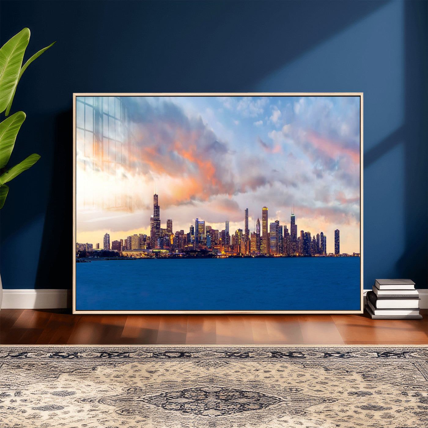 34667960-MGV-CV-36X24 - Chicago Wall Art Canvas Print, Chicago City Downtown Night Cityscape Print for Modern Urban Wall Decor