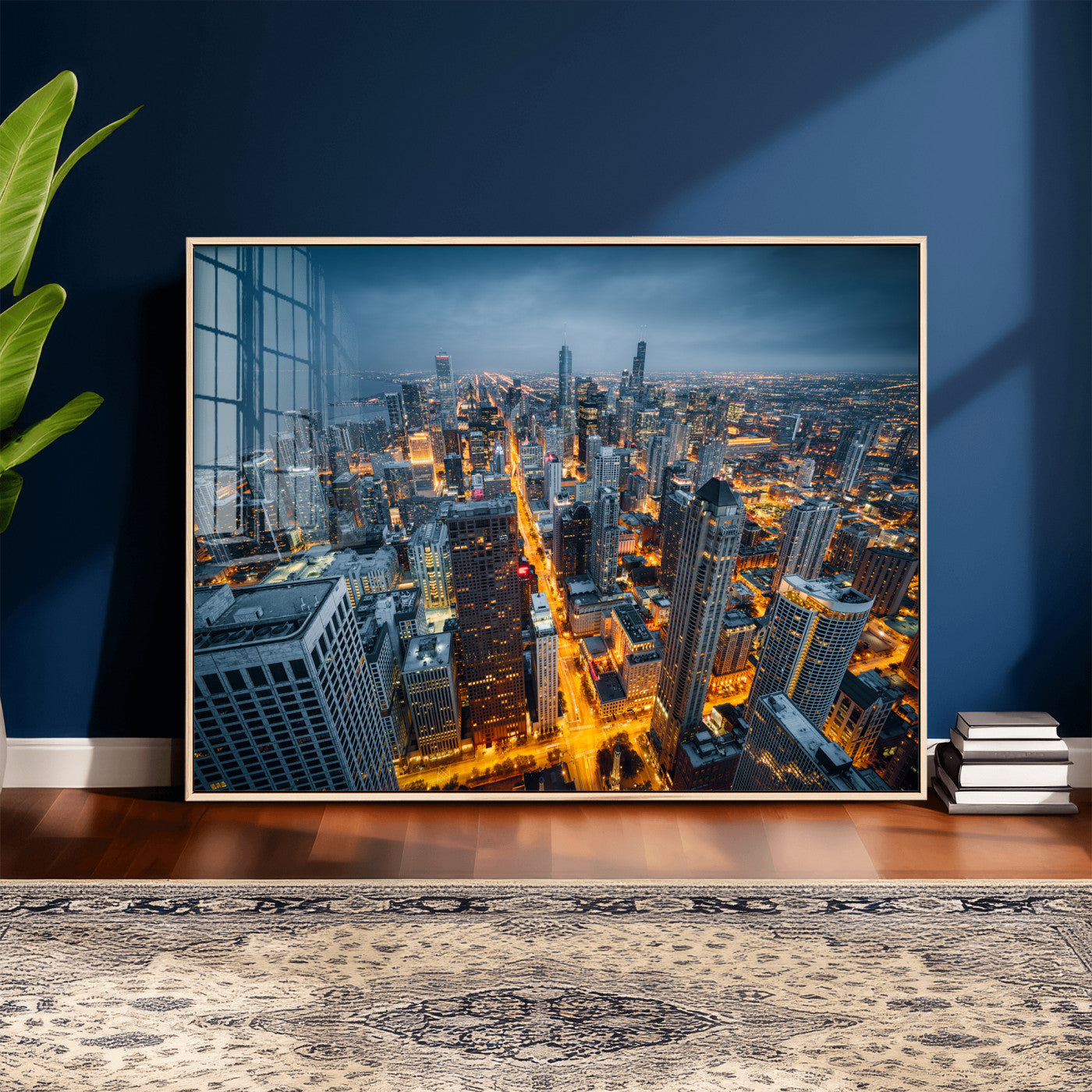 81742538-MGV-CV-36X24 - Chicago Wall Art Canvas Print, Chicago City Downtown Night Cityscape Print for Modern Urban Wall Decor