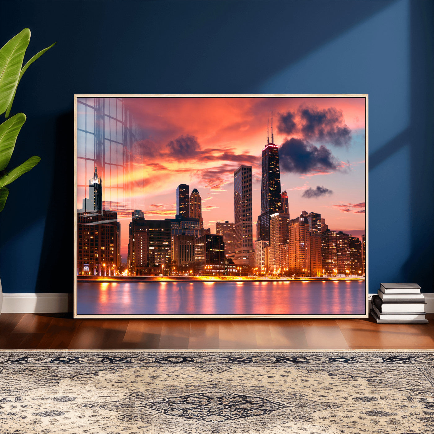 80390109-MGV-CV-36X24 - Chicago Wall Art Canvas Print, Chicago City Downtown Night Cityscape Print for Modern Urban Wall Decor