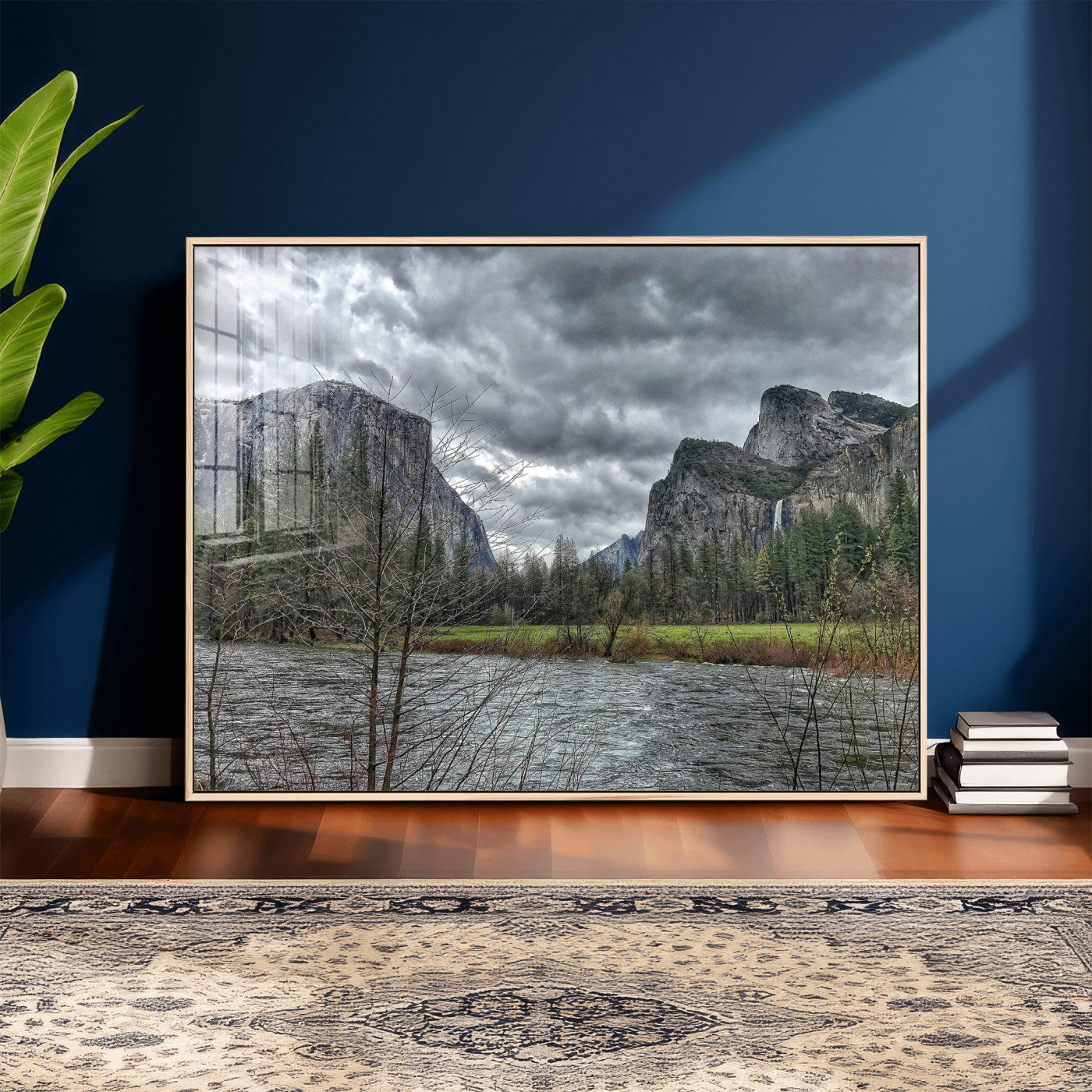 75582552-MGV-CV-36X24 - Yosemite Valley River Landscape Wall Art Canvas Print, Granite Cliffs Forest River Canvas Print, California National Park Moody Scenic Art Printi