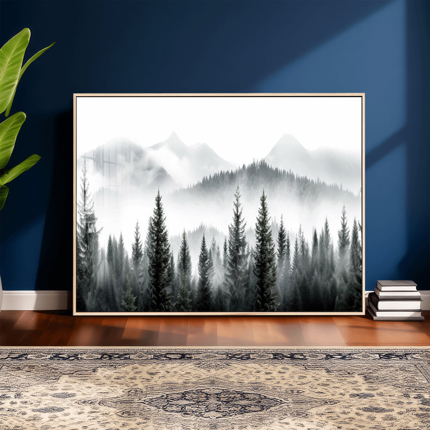 38819032-MGV-CV-36X24 - Misty Pine Forest Mountain Landscape Wall Art Canvas Print, Foggy Evergreen Trees Minimal Nature Canvas Print, Monochrome Wilderness Scenic Art Printing
