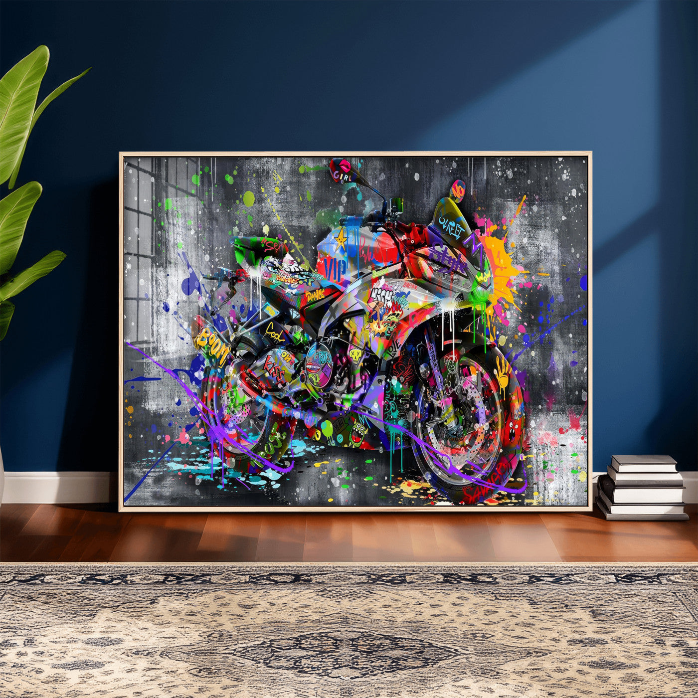 83021767-MGV-CV-36X24 - Graffiti Motorcycle Wall Art Canvas Print, Urban Street Art Motorbike Decor, Colorful Graffiti Sports Bike Artwork