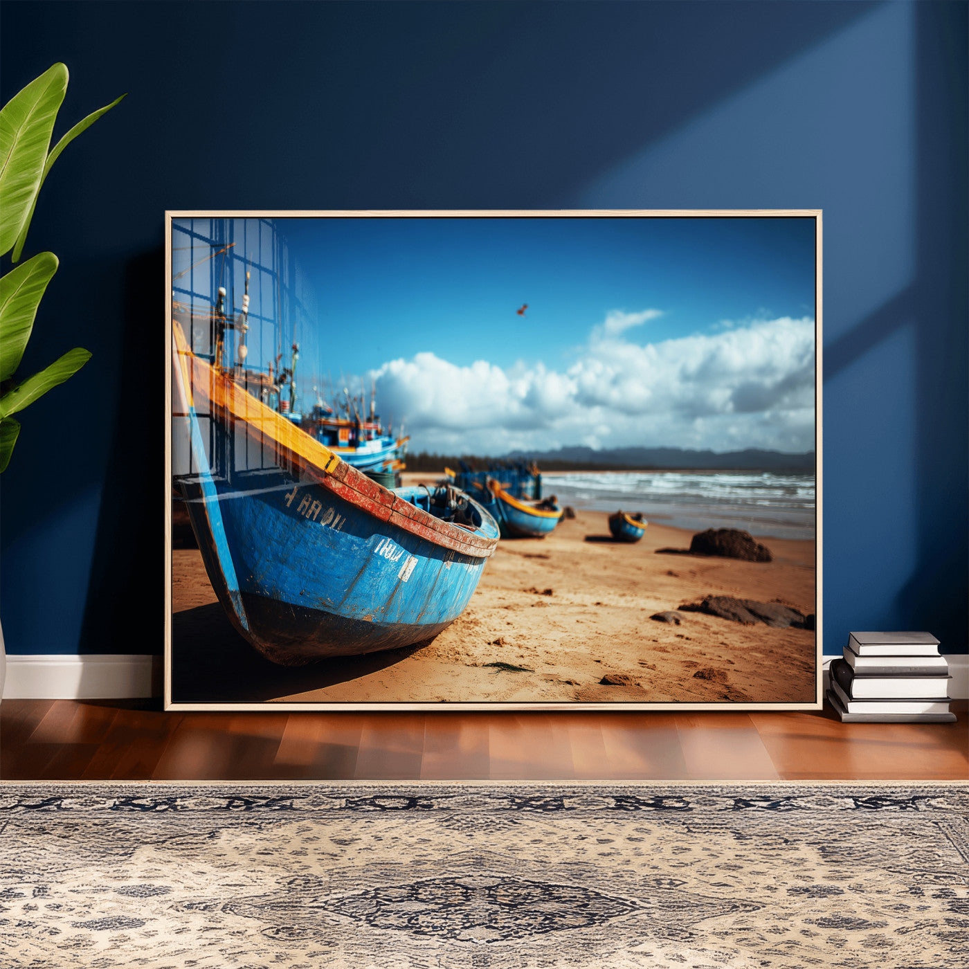 70925201-MGV-CV-36X24 - Fishing Boats Wall Art Canvas Print, Coastal Boat Beach Scene, Nautical Seaside Artwork, Ocean Shore Decor, Coastal Home Wall Art