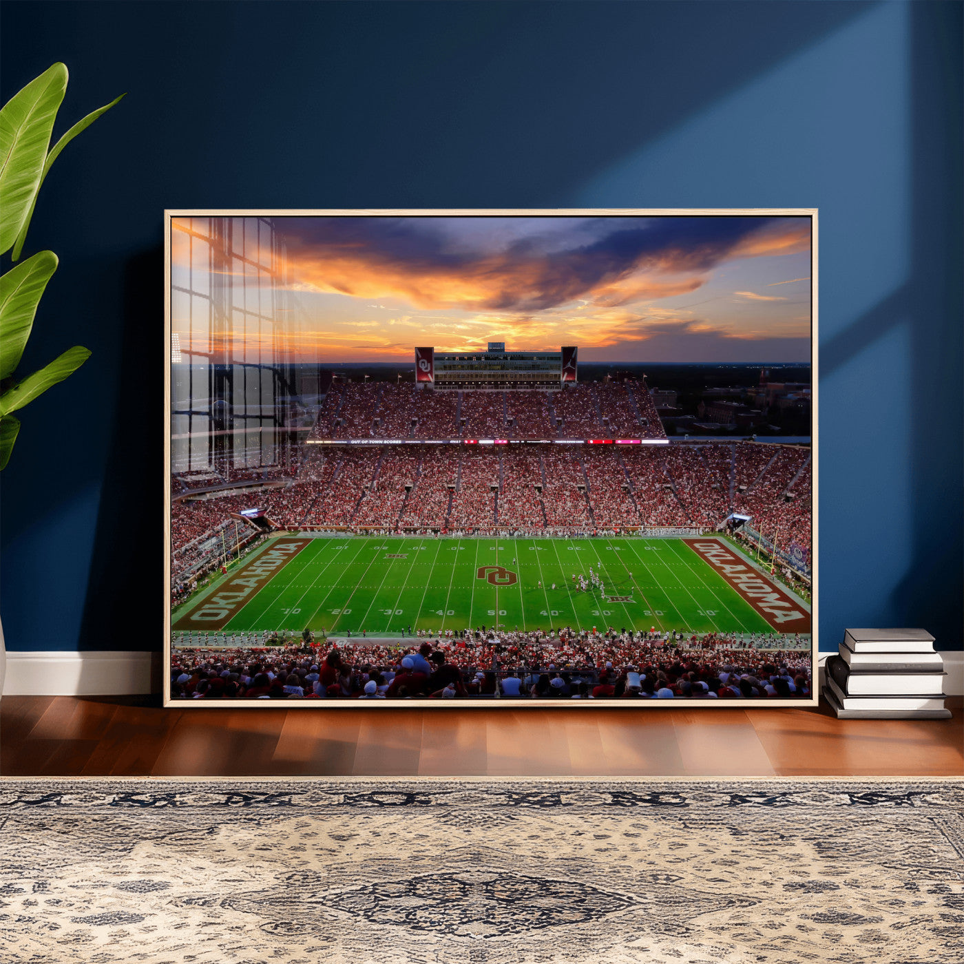 51457497-MGV-CV-36X24 - Oklahoma Sooners Stadium Wall Art Canvas Print, College Football Sunset Game Scene, OU Football Field Panorama Wall Decor