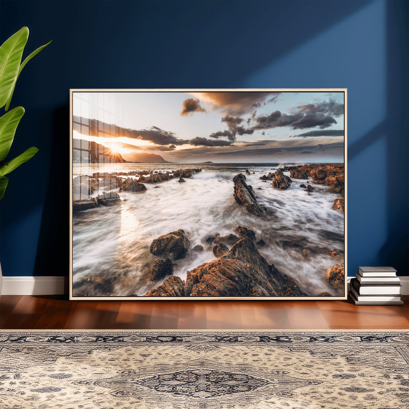 66746024-MGV-CV-36X24 - Rocky Coast Ocean Sunset Wall Art Canvas Print, Dramatic Seascape Nature Wall Decor for Living Room and Office