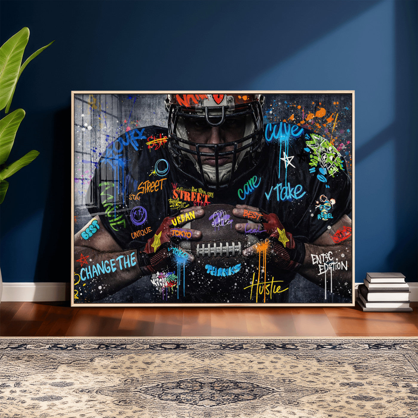 55267256-MGV-CV-36X24 - Graffiti American Football Player Street Art Wall Art Canvas Print, Urban Sports Pop Art Football Canvas Print, Modern Athletic Graffiti Contemporary Art Printing