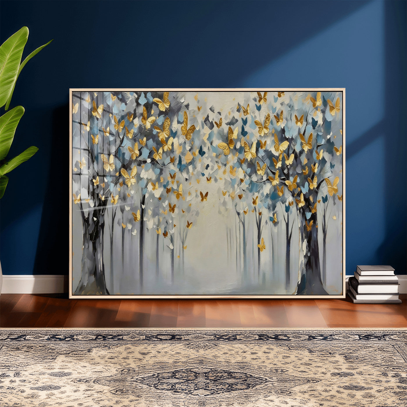 79208191-MGV-CV-36X24 - Golden Butterfly Tree Abstract Wall Art Canvas Print, Modern Elegant Nature Painting Canvas Print, Blue Gold Contemporary Floral Art Printing