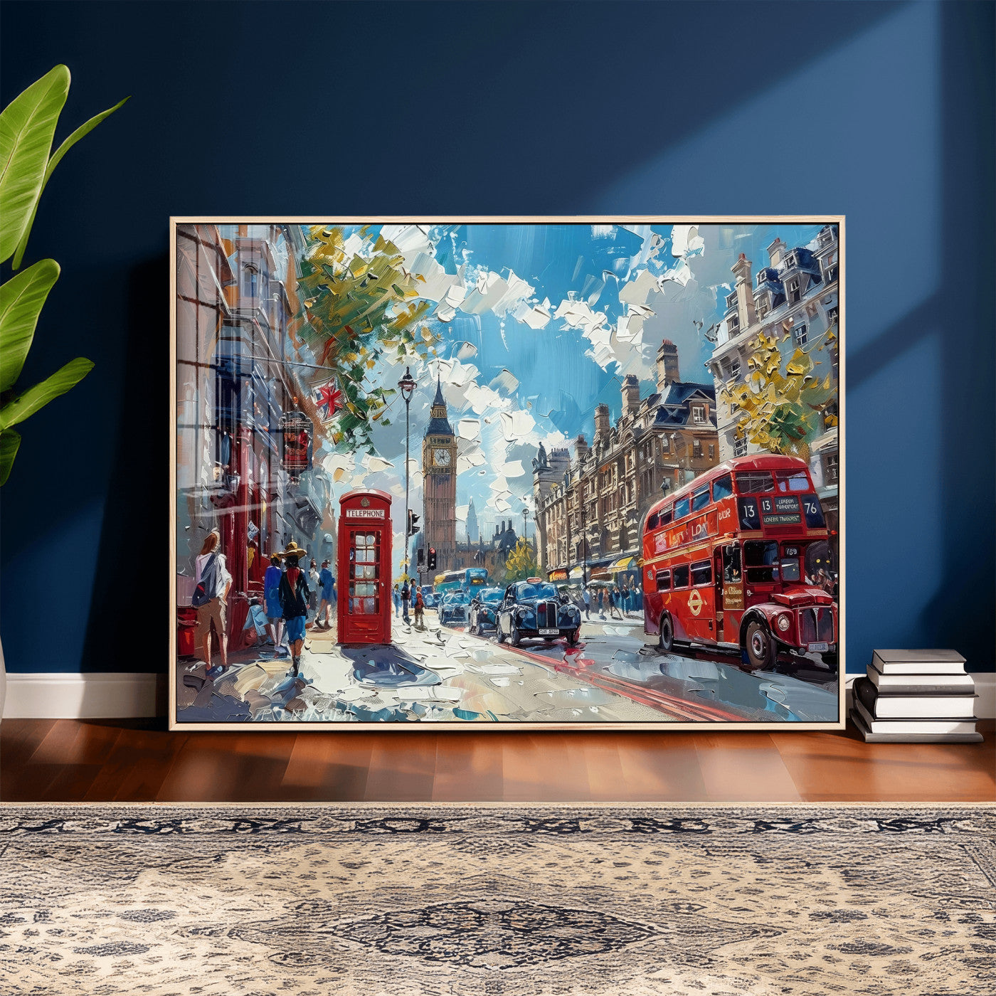 17630888-MGV-CV-36X24 - Modern London City Street Wall Art Canvas Print, Big Ben & Red Bus Artwork Canvas Print