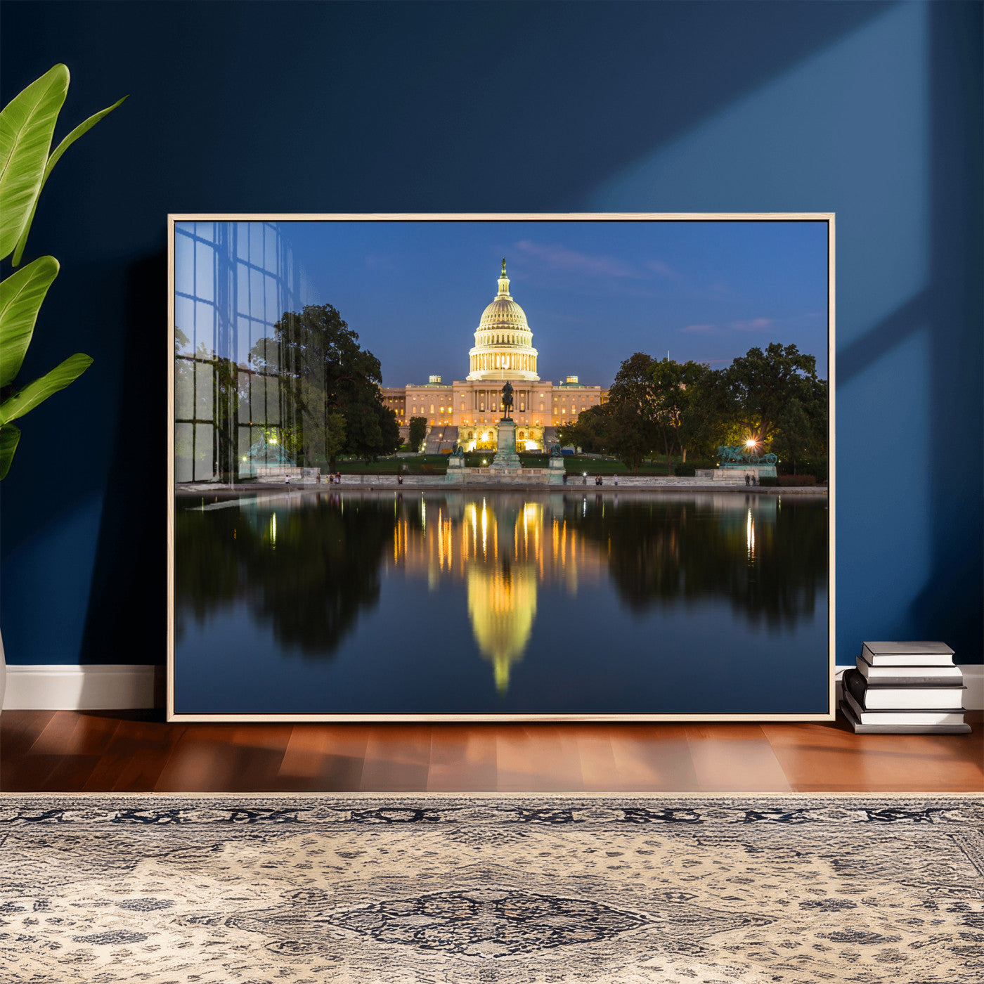95568590-MGV-CV-36X24 - US Capitol Building Wall Art Canvas Print – Washington DC Landmark Night Reflection Artwork for Office Decor