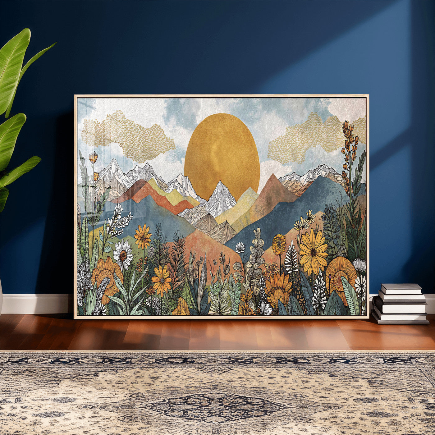 17540863-MGV-CV-36X24 - Boho Mountain Landscape Large Wall Art, Horizontal Gold Framed Canvas Print with Sun and Flowers