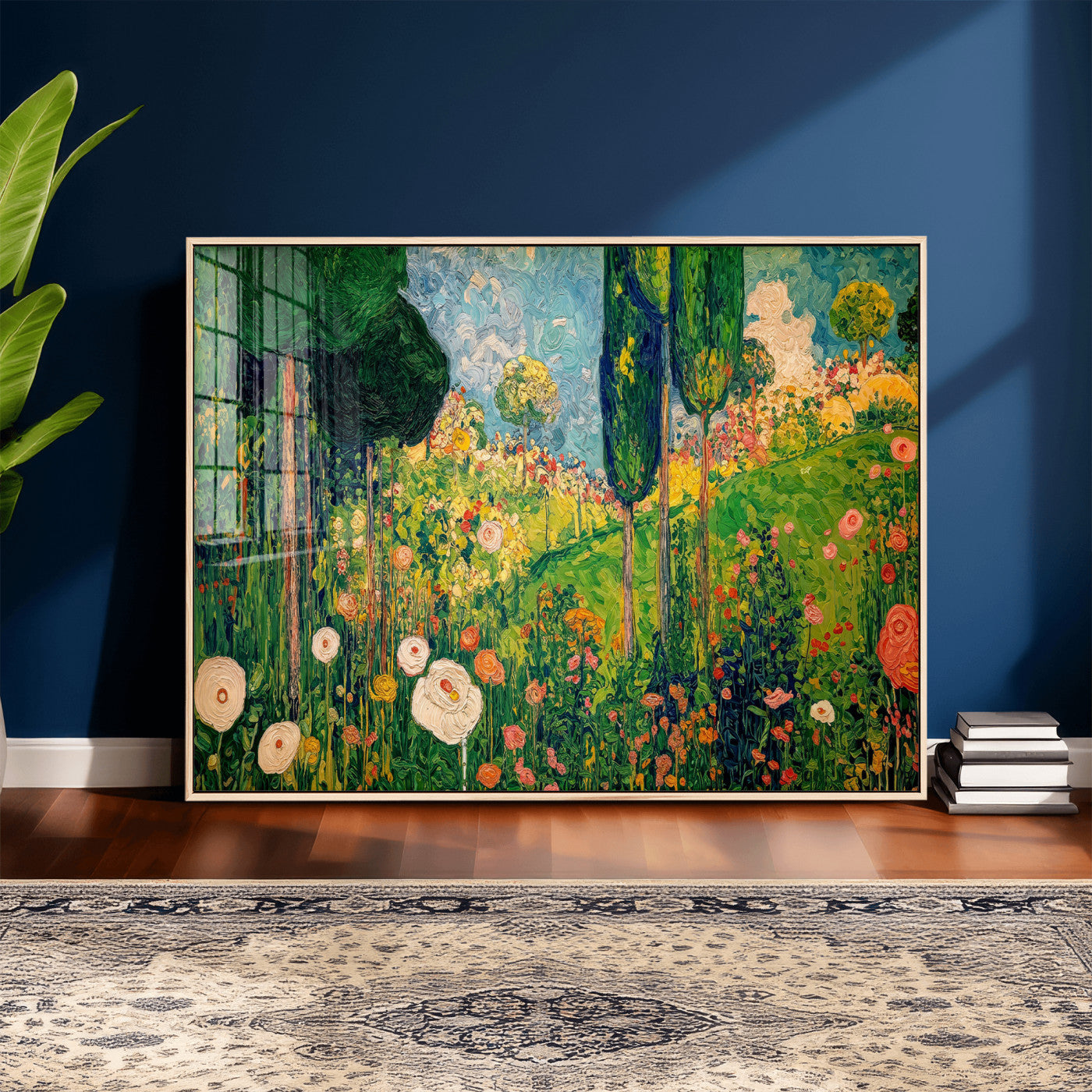83517974-MGV-CV-36X24 - Gustav Klimt Boho Mountain Landscape Large Wall Art, Horizontal Gold Framed Canvas Print with Sun and Flowers