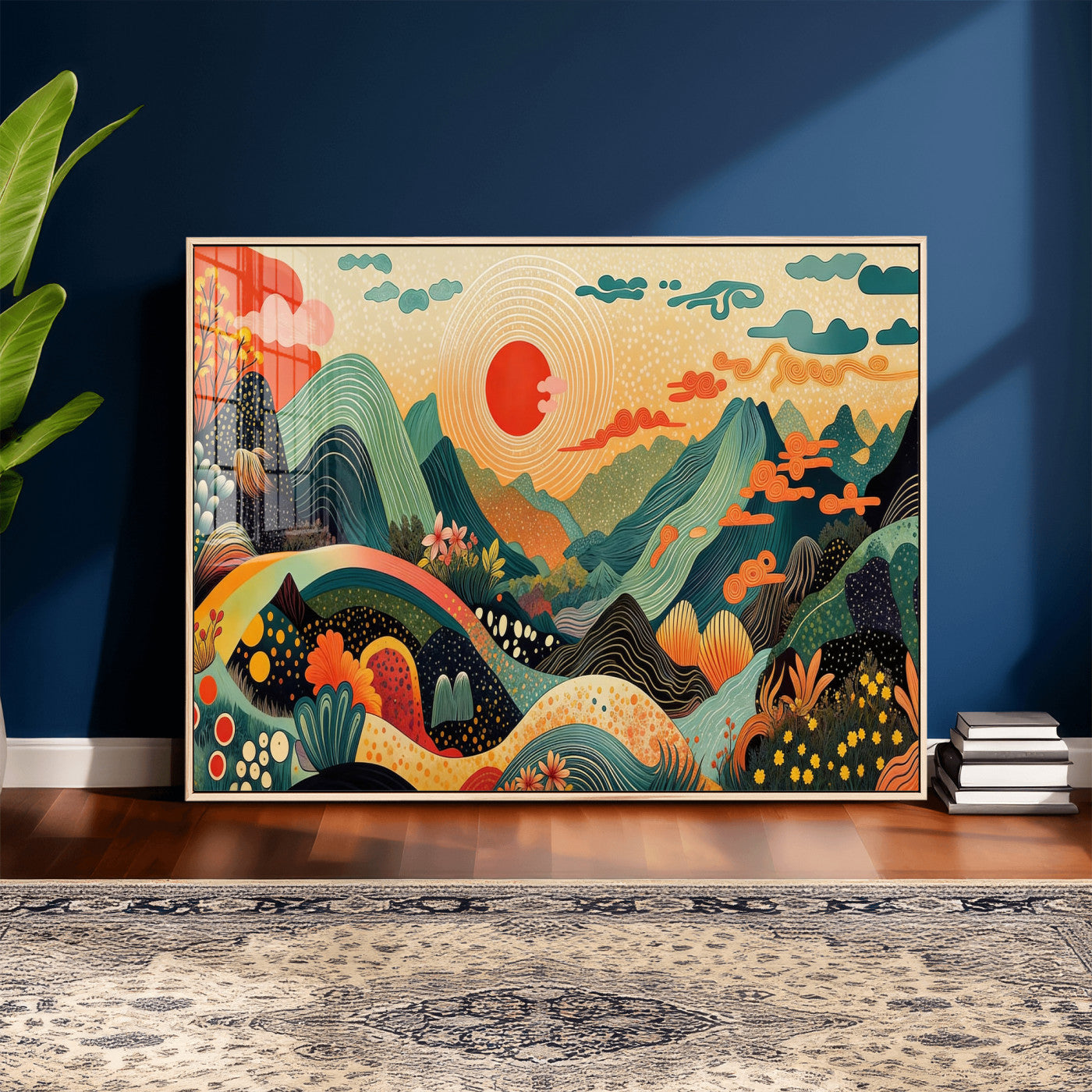 29927191-MGV-CV-36X24 - Yayoi Kusama Boho Mountain Landscape Large Wall Art, Horizontal Gold Framed Canvas Print with Sun and Flowers