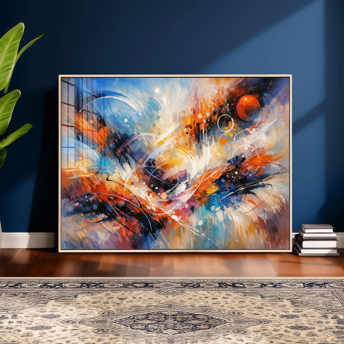 47770355-MGV-CV-36X24 - Geometric Abstract Wall Art Canvas Print, Orange Blue Abstract Expressionist Painting Print, Modern Geometric Abstract Canvas Art