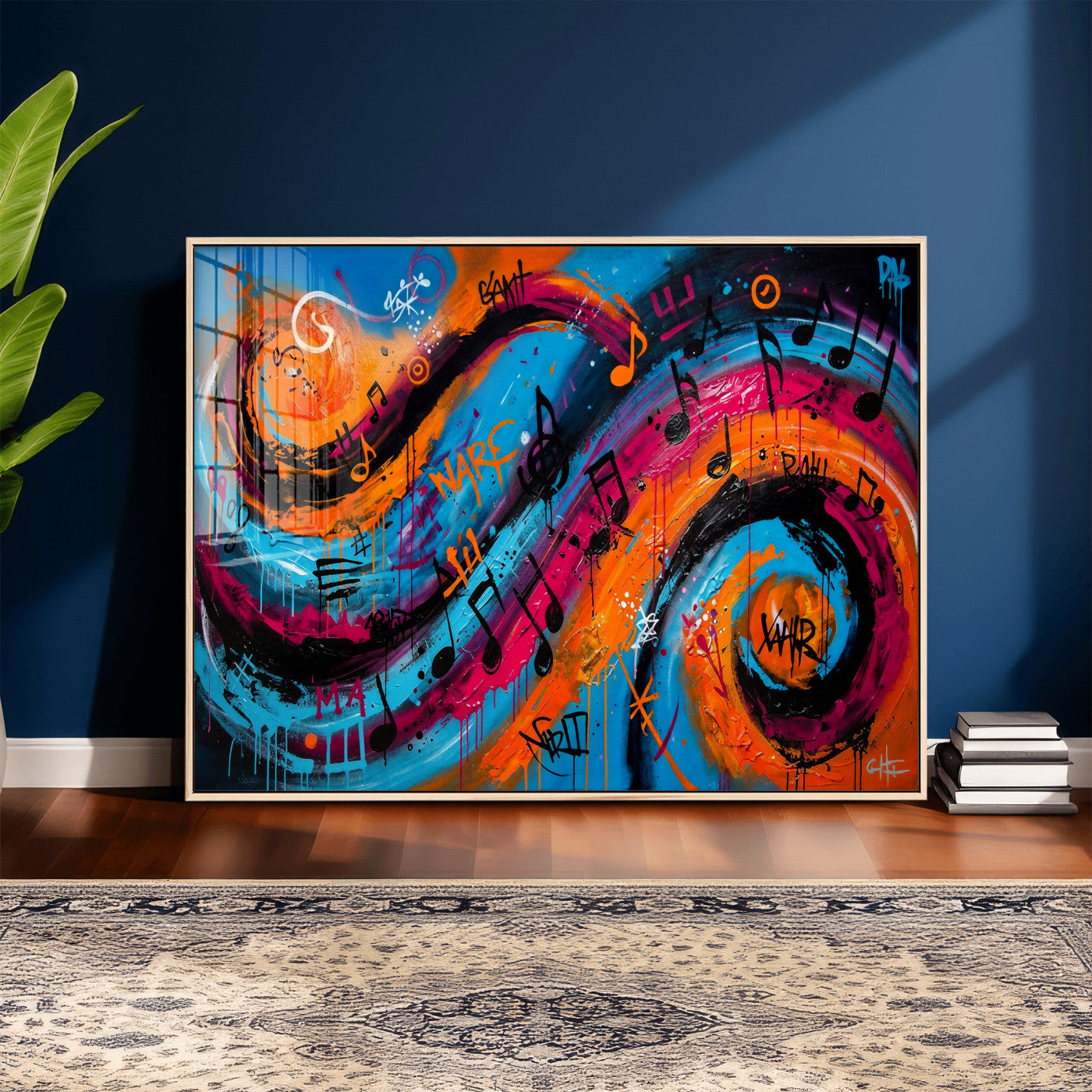 34936518-MGV-CV-36X24 - Geometric Abstract Wall Art Canvas Print, Orange Blue Abstract Expressionist Painting Print, Modern Geometric Abstract Canvas Art