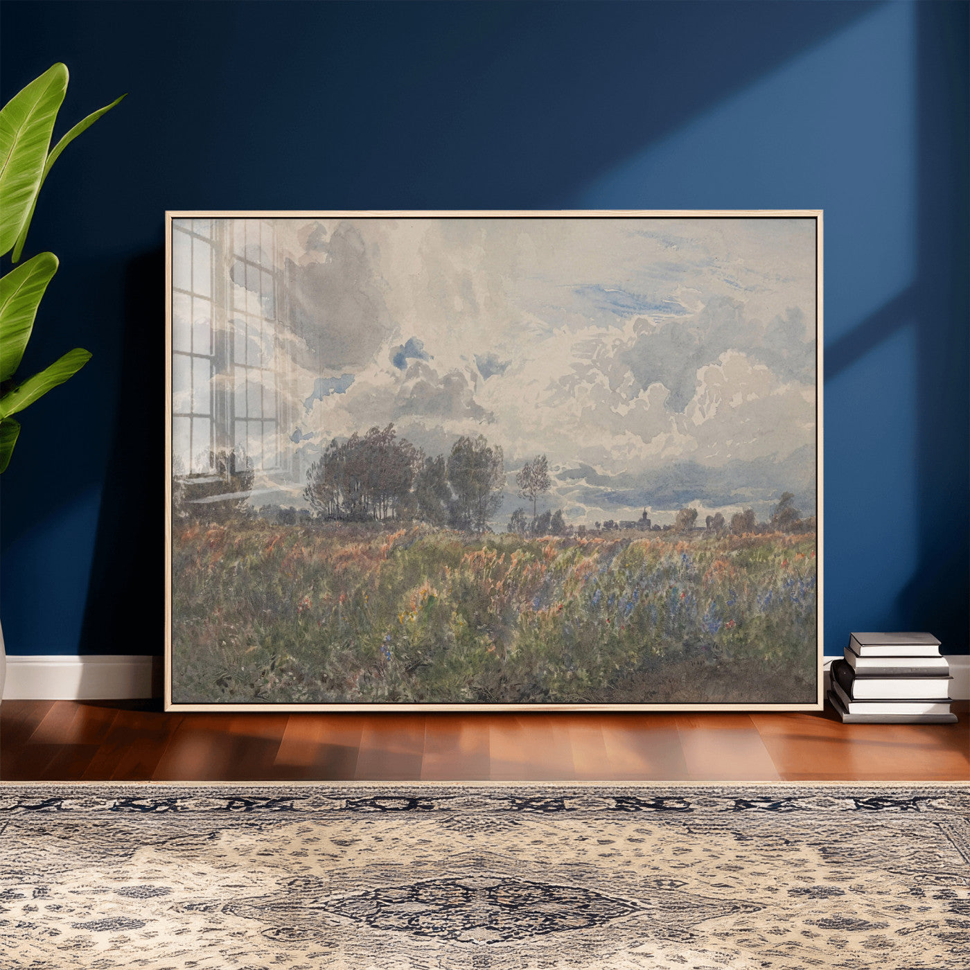 76626885-MGV-CV-36X24 - Vintage Watercolor Meadow Canvas Wall Art — English Pastoral Wildflower Storm Sky Print | Cottagecore Nature Decor | Classic Landscape Gift